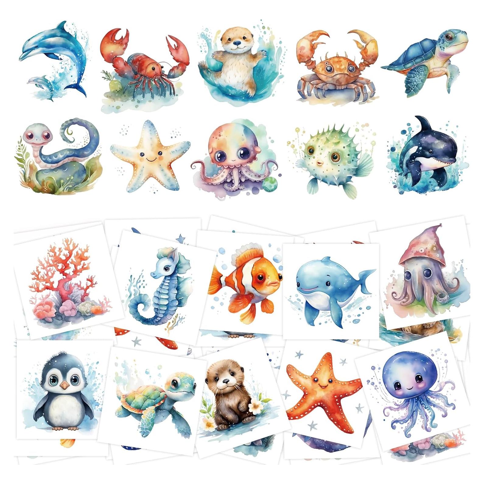 140Pcs Ocean Animals Temporary Tattoos for Kids Under the Sea Creature Individual Tattoos for Ocean Theme Birthday Party Decoration Favors Baby Shower Supplies Goodie Bag Stuffers