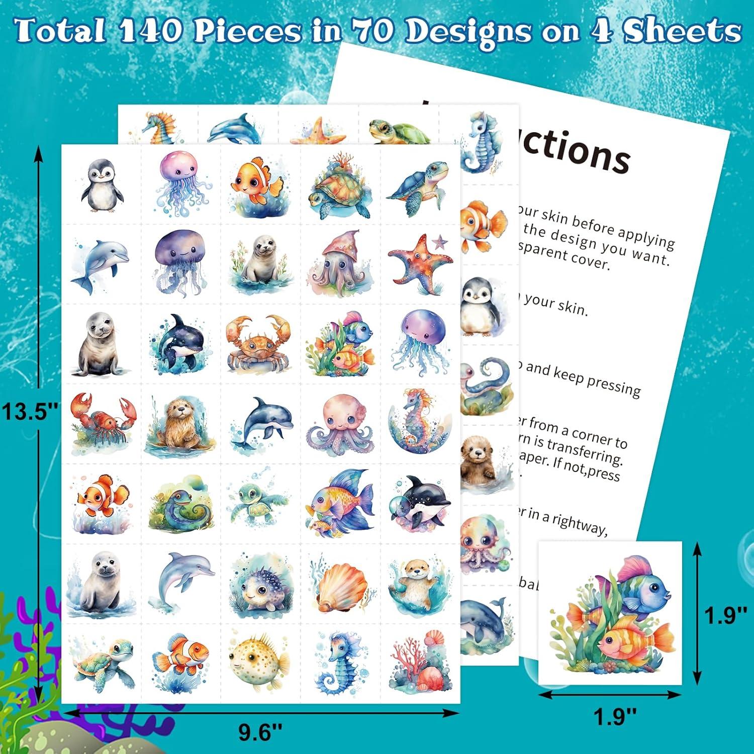 140Pcs Ocean Animals Temporary Tattoos for Kids Under the Sea Creature Individual Tattoos for Ocean Theme Birthday Party Decoration Favors Baby Shower Supplies Goodie Bag Stuffers