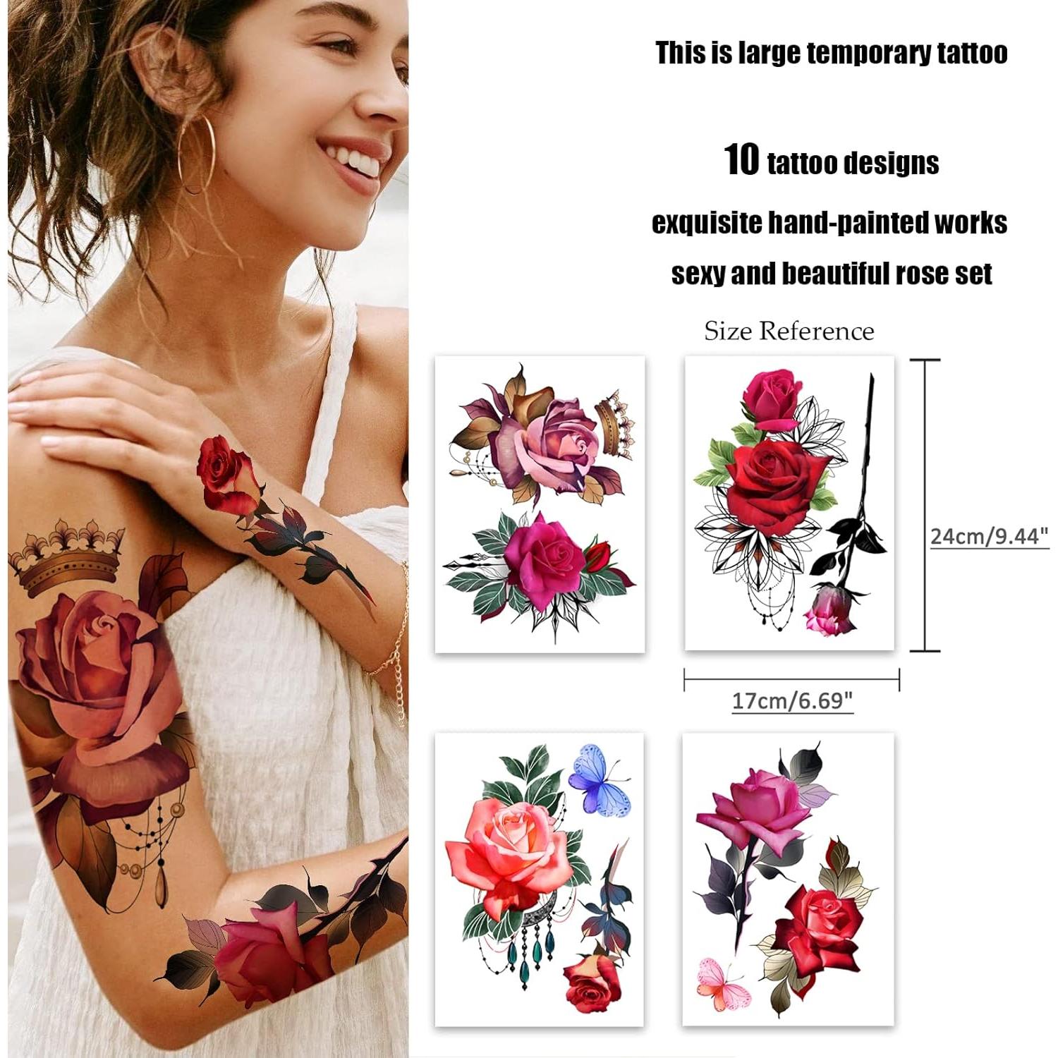 Tatuajes Temporales Grandes de Rosa ROARHOWL - 4 Hojas