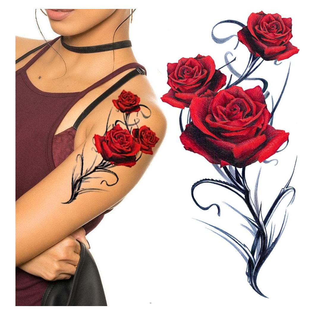 2 Hojas Tatuajes Temporales Rosa Roja Gótica 21x15cm Tatodays