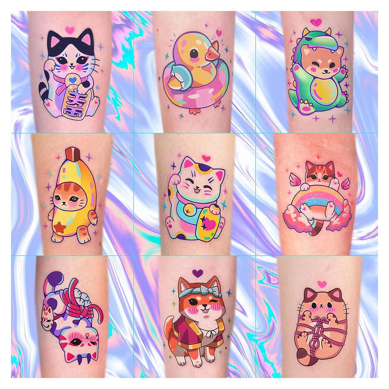Konsait 50 Sheets Anime Tattoos, Cartoon Mixed Style Cat Tattoos, Individually Wrapped, Watercolor Cat Temporary Tattoos Cat Party Favors Cat Birthday Party Supplies