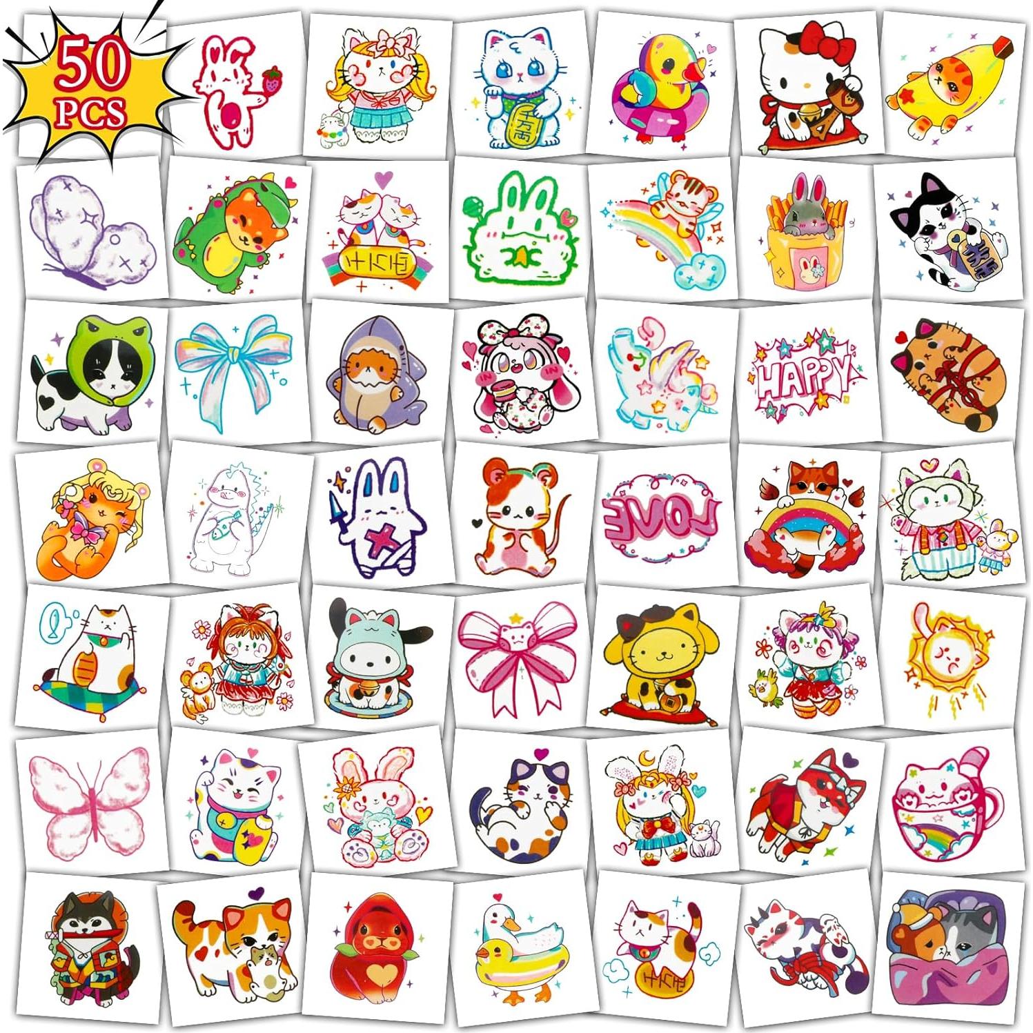 Konsait 50 Sheets Anime Tattoos, Cartoon Mixed Style Cat Tattoos, Individually Wrapped, Watercolor Cat Temporary Tattoos Cat Party Favors Cat Birthday Party Supplies