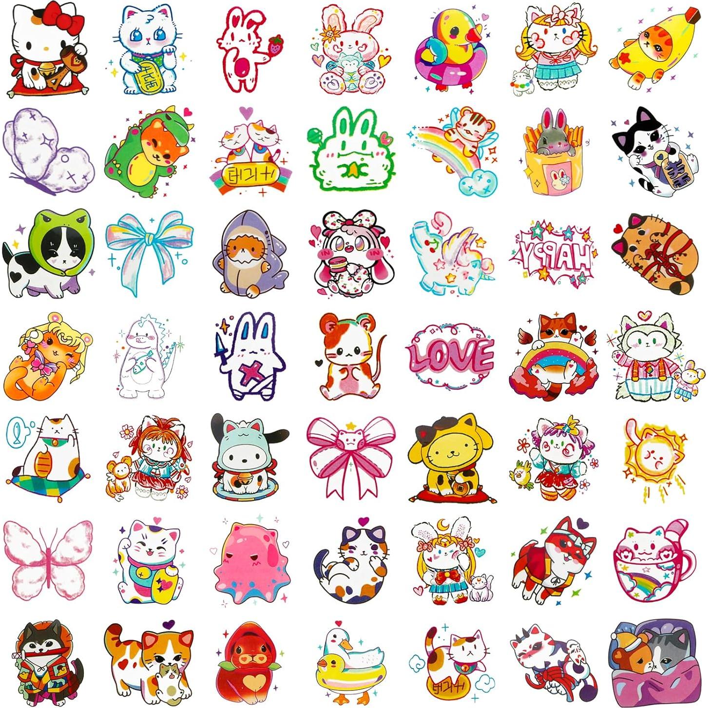 Konsait 50 Sheets Anime Tattoos, Cartoon Mixed Style Cat Tattoos, Individually Wrapped, Watercolor Cat Temporary Tattoos Cat Party Favors Cat Birthday Party Supplies