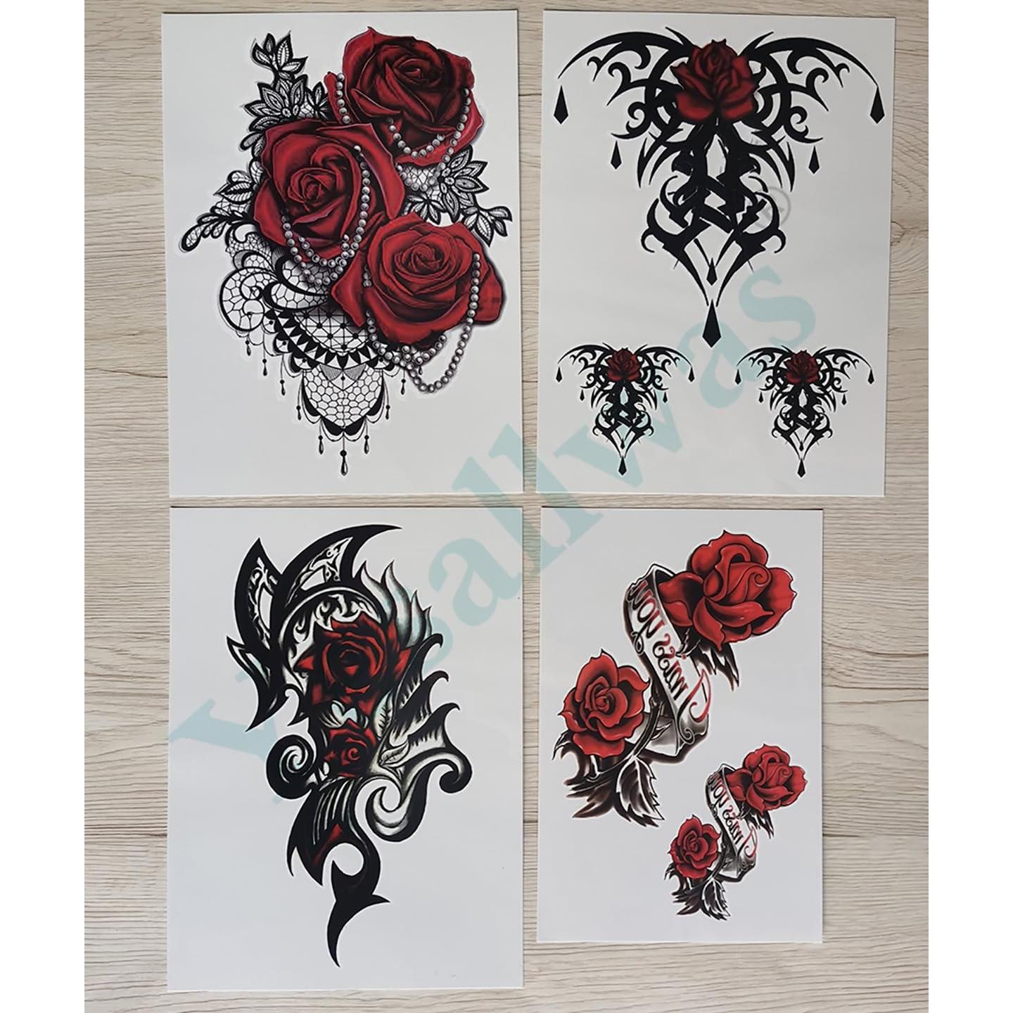 Tatuajes Temporales Yesallwas 4 Hojas Rosa y Flores 15x21cm