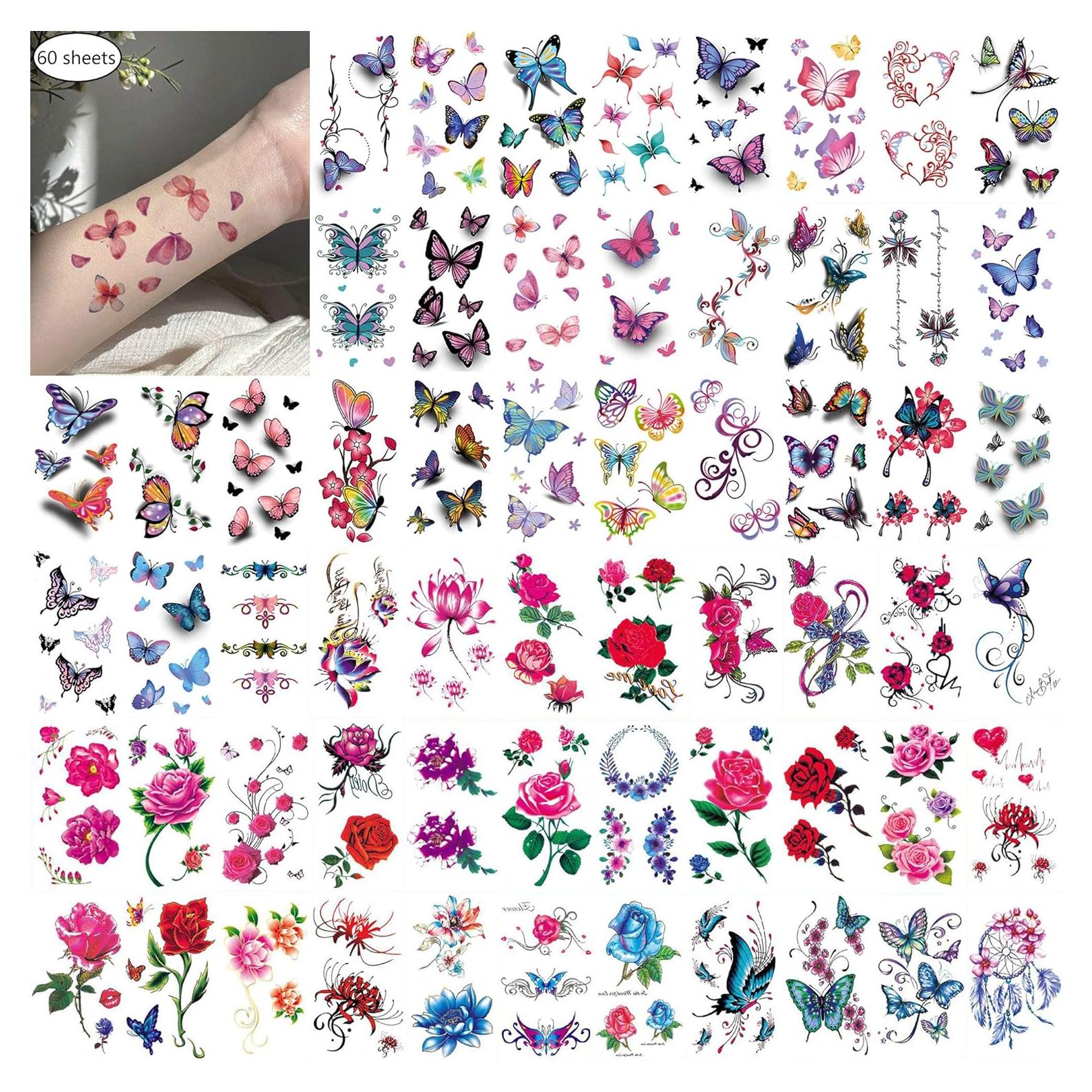 60 Hojas Tatuajes Temporales Flor Mariposa Anrituo 10.4x6.1cm