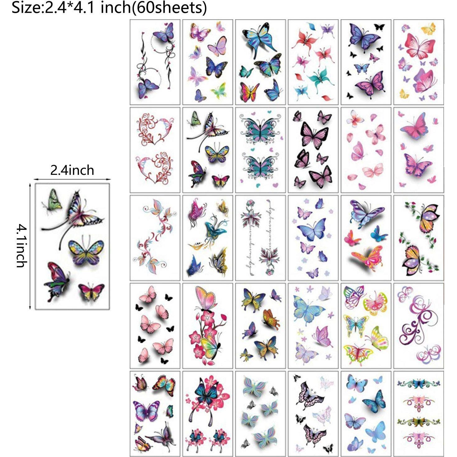 60 Hojas Tatuajes Temporales Flor Mariposa Anrituo 10.4x6.1cm