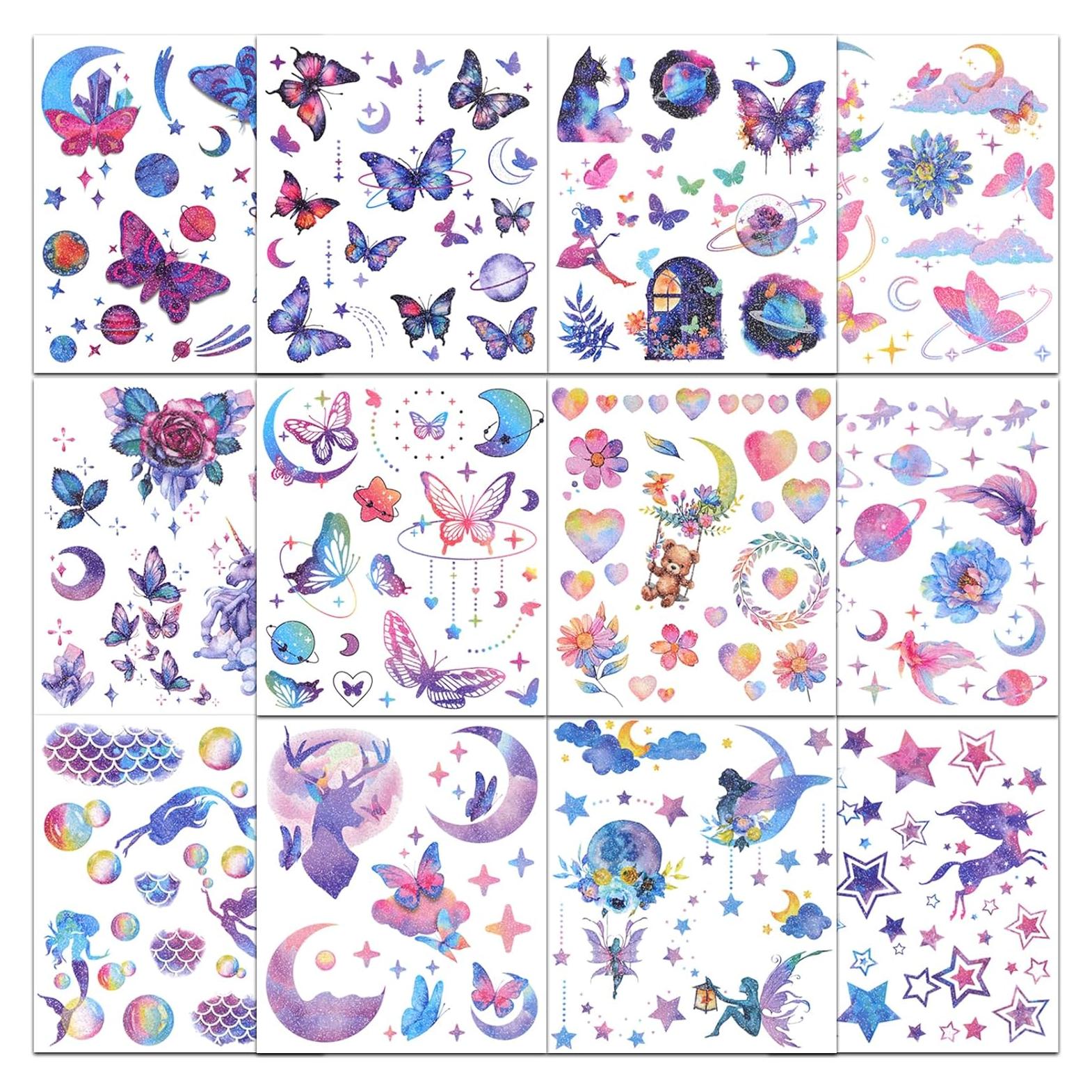 Tatuajes Temporales Brillantes Ozepao - 12 Hojas de Mariposas y Sirenas