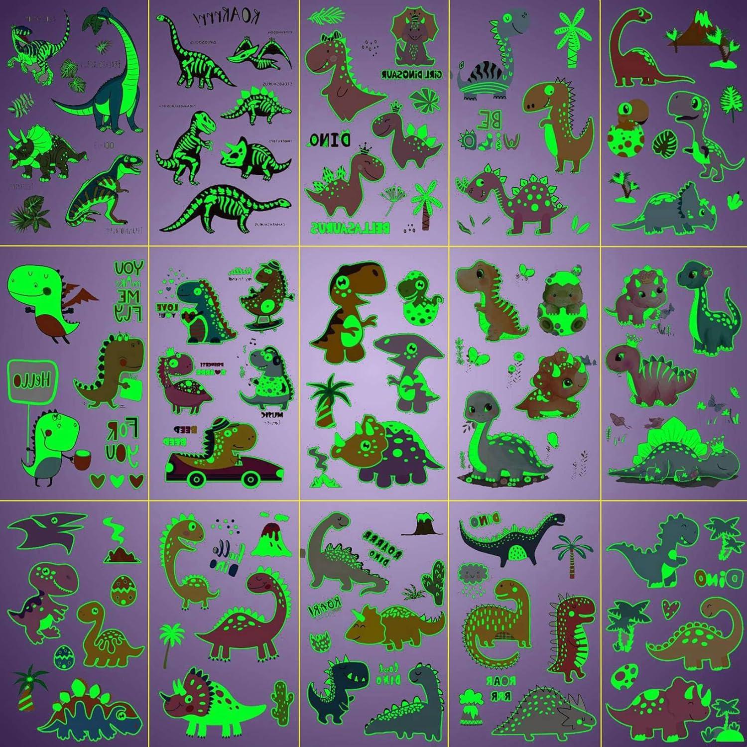 15 Hojas Tatuajes Temporales Brillantes Dinosaurios FANRUI