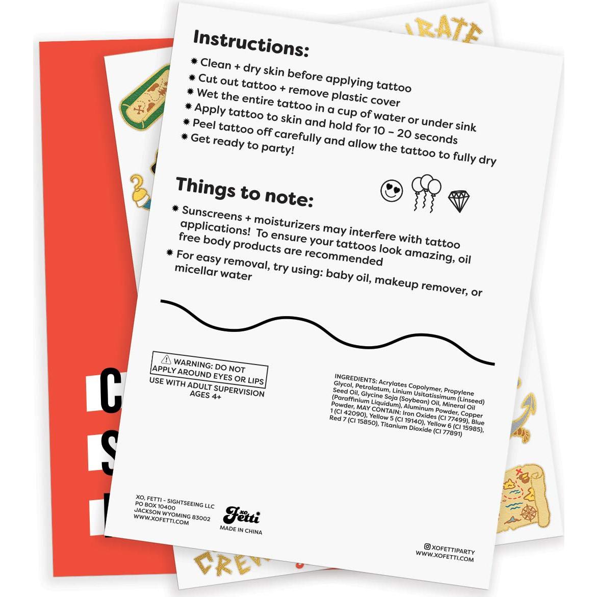 Tatuajes Temporales de Pirata xo, Fetti - 44 Diseños Brillantes