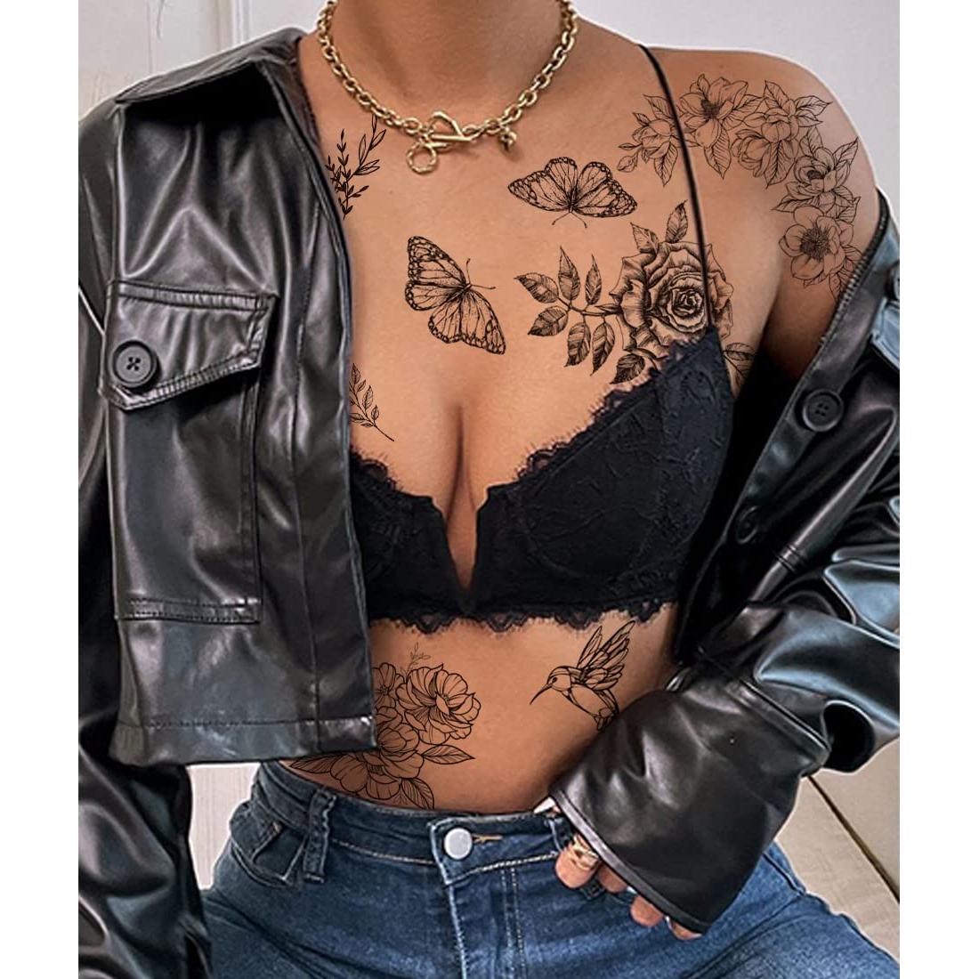 Tatuajes Temporales de Flores Negras CHARLENT - 8 Hojas