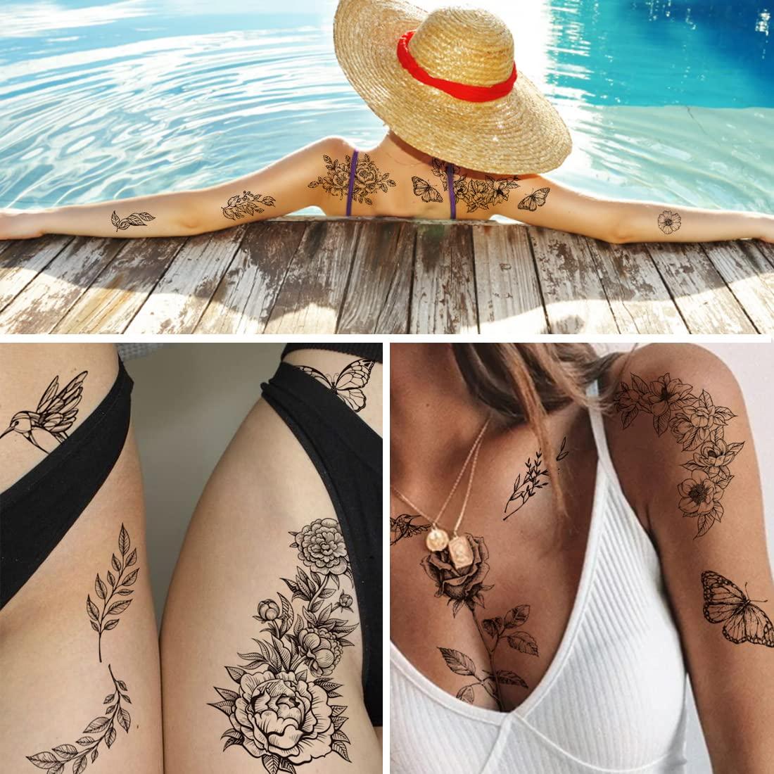 Tatuajes Temporales de Flores Negras CHARLENT - 8 Hojas