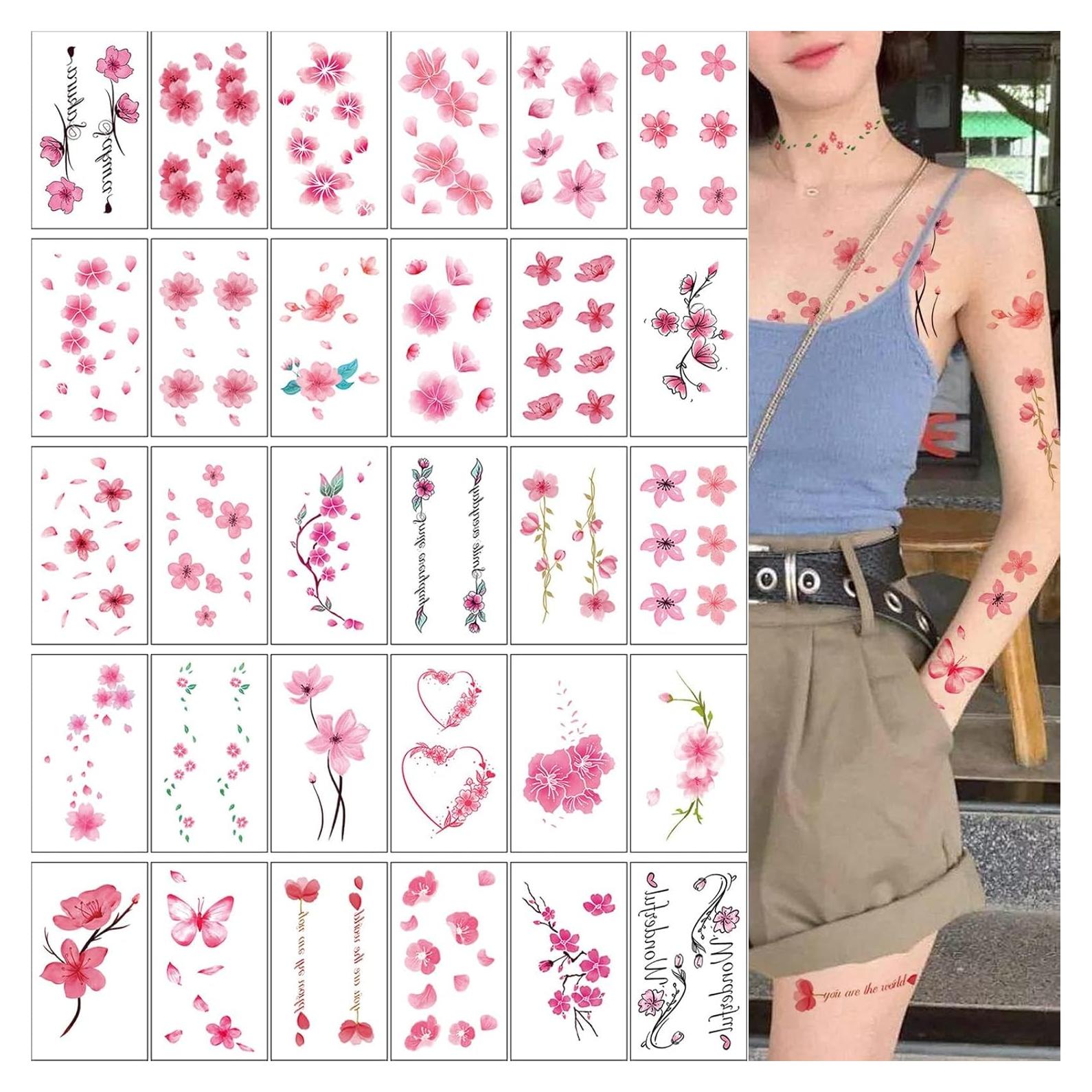 30 Hojas Tatuajes Temporales Flores Rosadas 3D para Mujeres