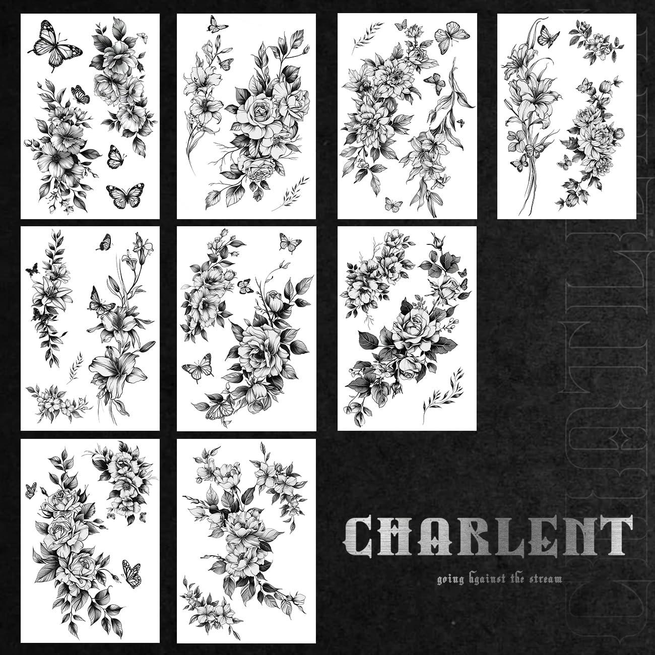 Tatuajes Temporales de Flores CHARLENT - 9 Hojas 3D para Mujeres