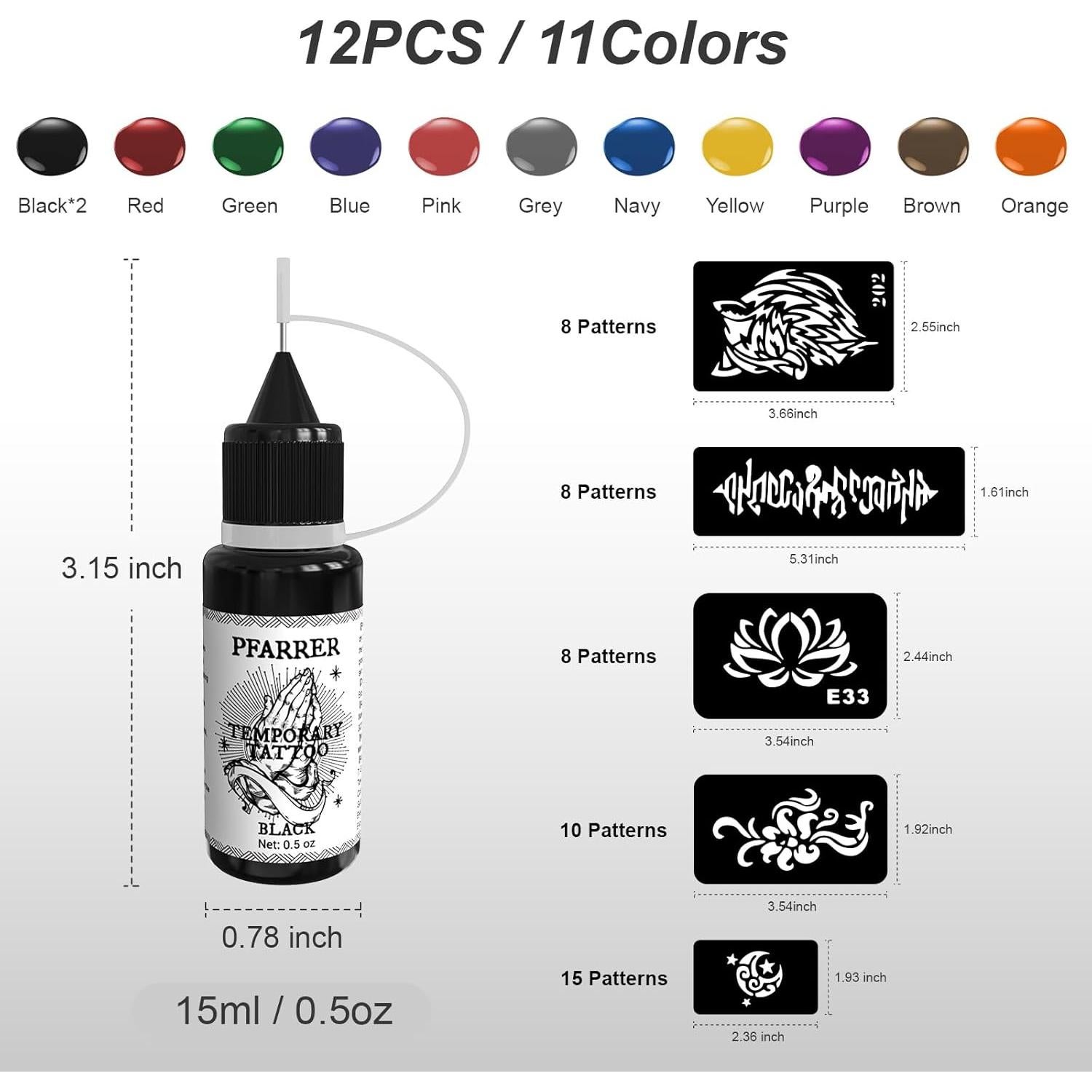 Kit de Tatuajes Temporales PFARRER 12 Botellas Tinta DIY