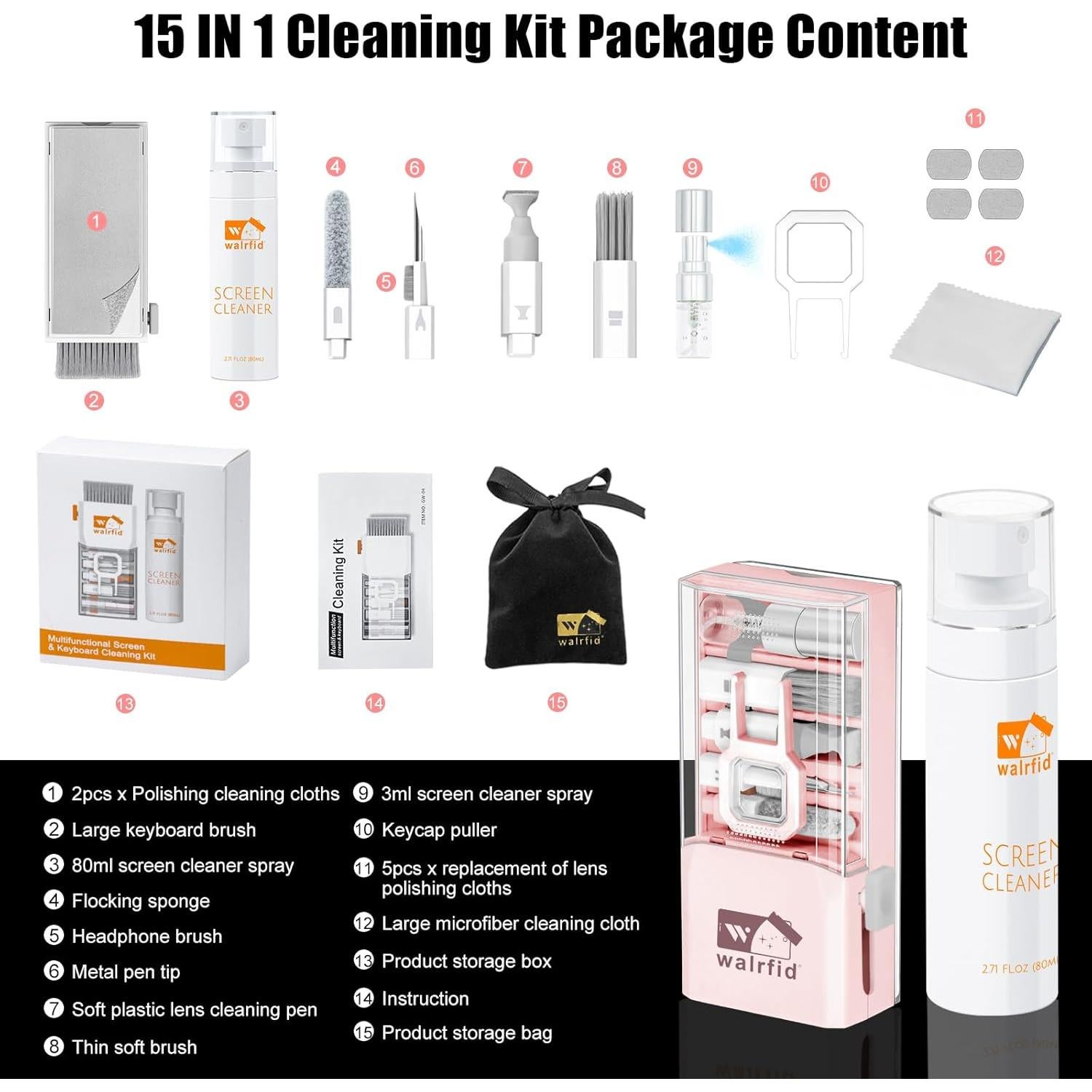 Kit de limpieza 15 en 1 Walrfid para teclado y pantalla 80ml