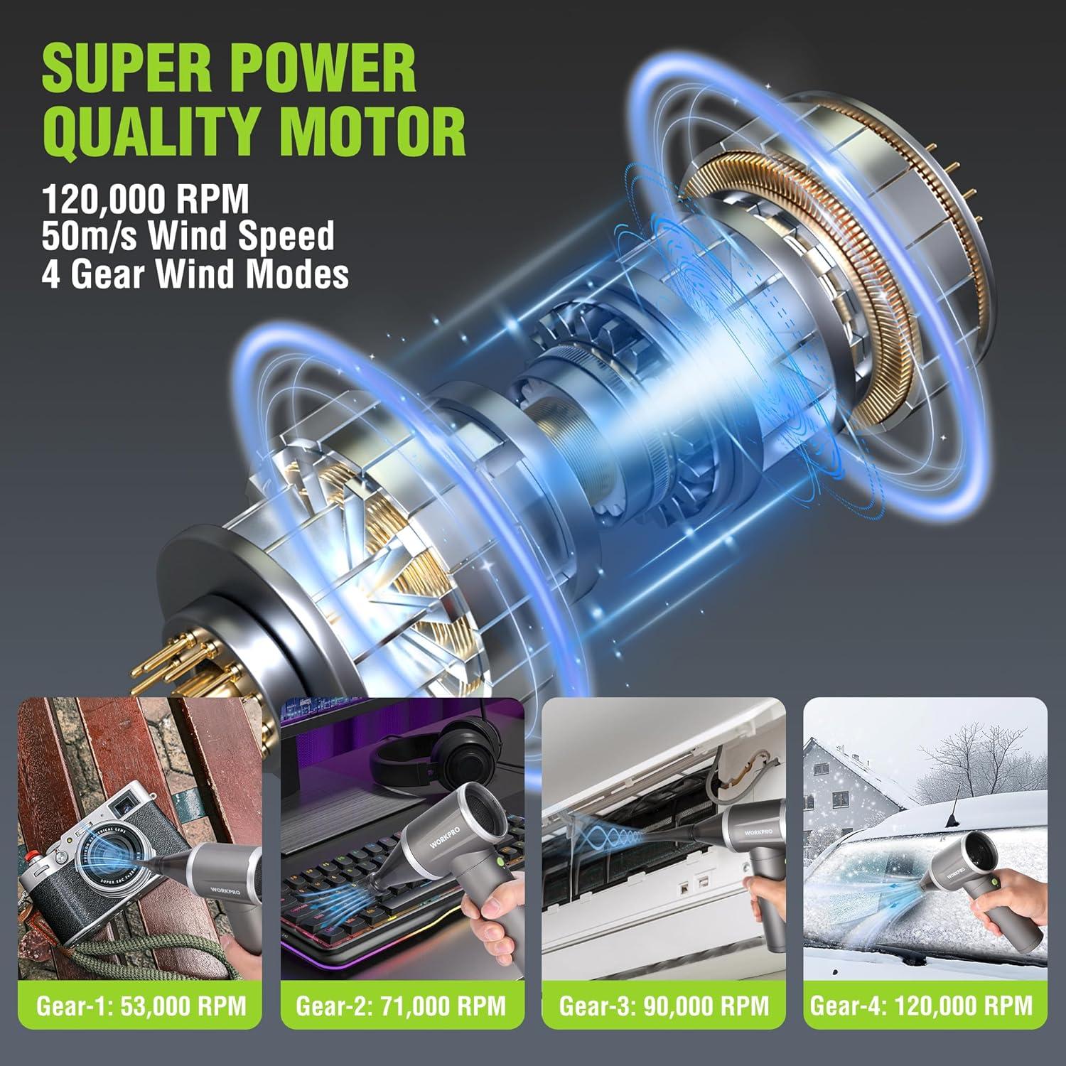 Soplador de Aire Eléctrico WORKPRO 12V 120,000 RPM 4 Velocidades