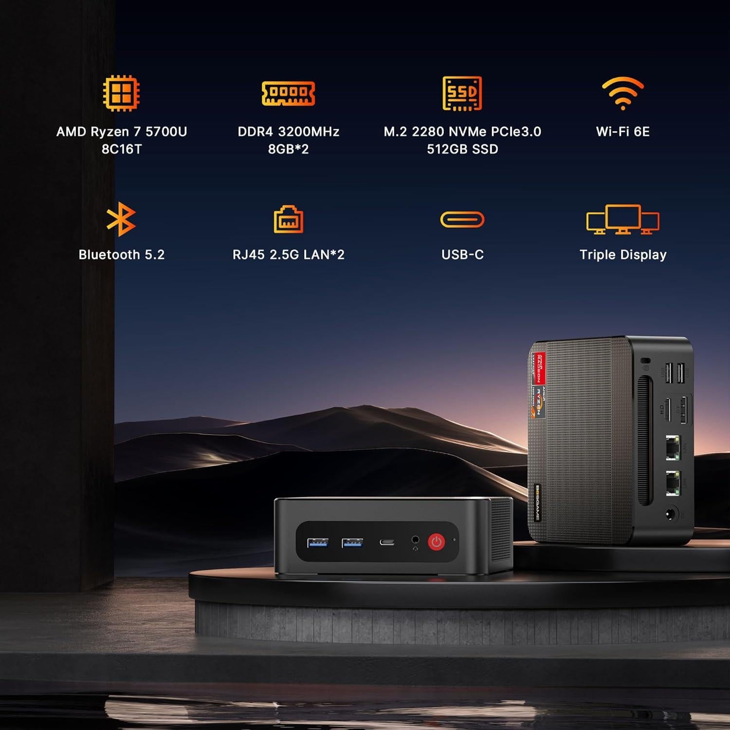 Mini PC BOSGAME P4 Ryzen 7 5700U 16GB RAM 512GB SSD Triple 4K