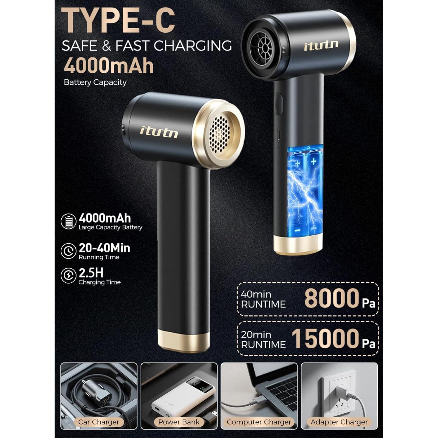 Mini Aspiradora Inalámbrica Itutn 15000PA 4 en 1 con 11 Accesorios