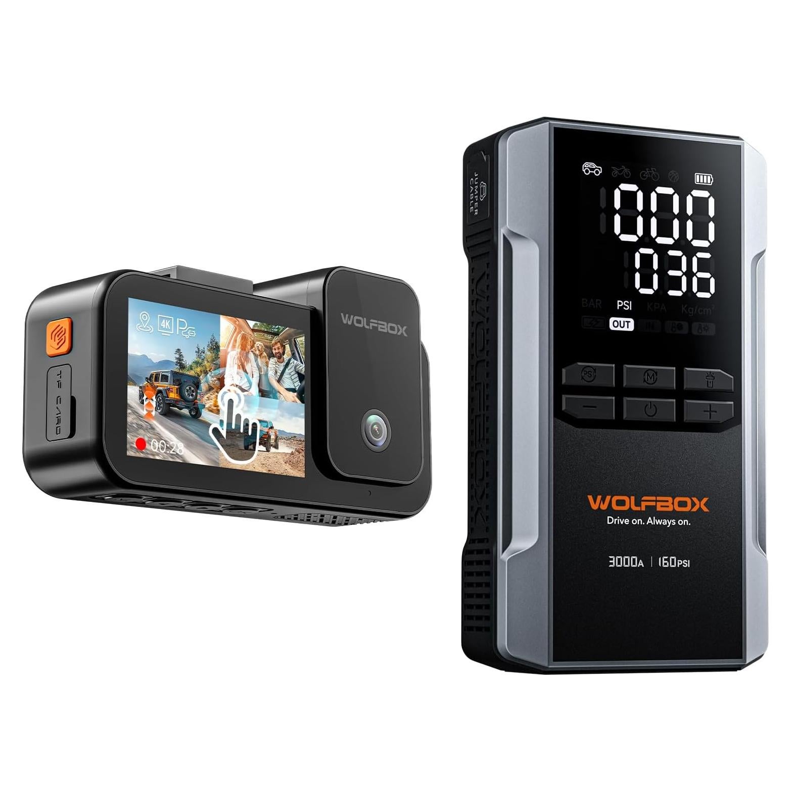 Cámara Dash 3 Canales 4K WOLFBOX X5 + Arrancador 3000A