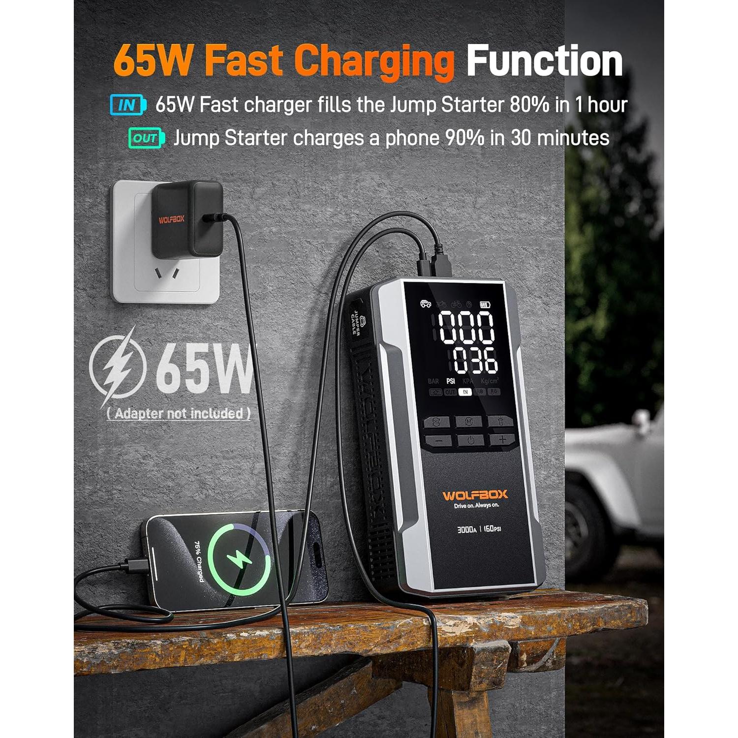 Cámara Dash 3 Canales 4K WOLFBOX X5 + Arrancador 3000A