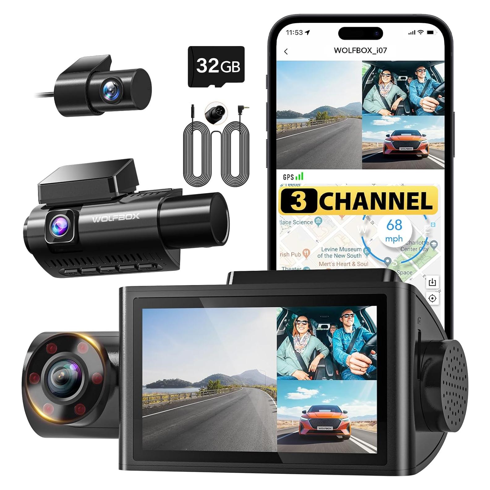 Cámara de Salpicadero WOLFBOX i07 3 Canales HD + Cable 10m