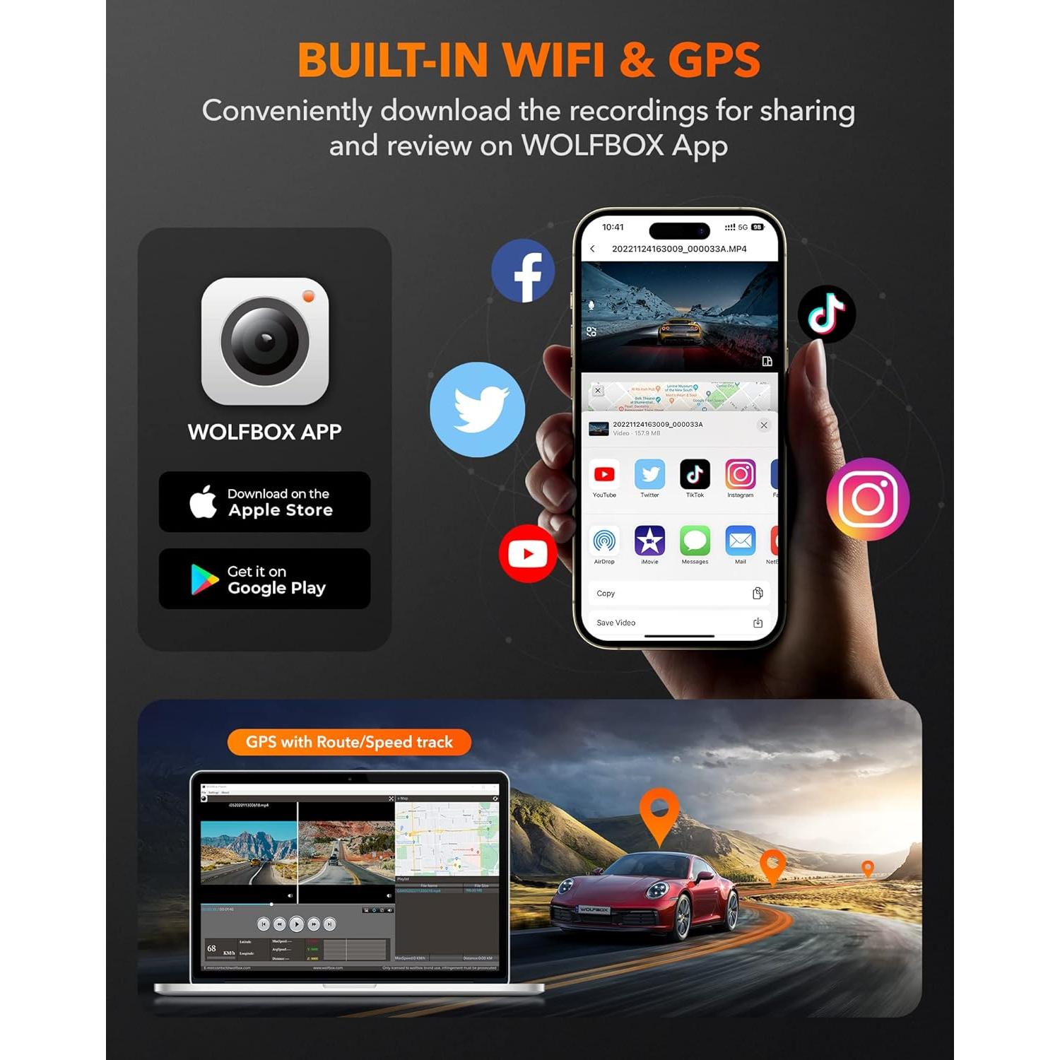 Cámara de Tablero WOLFBOX G840H + Cable de 10m para Reversa