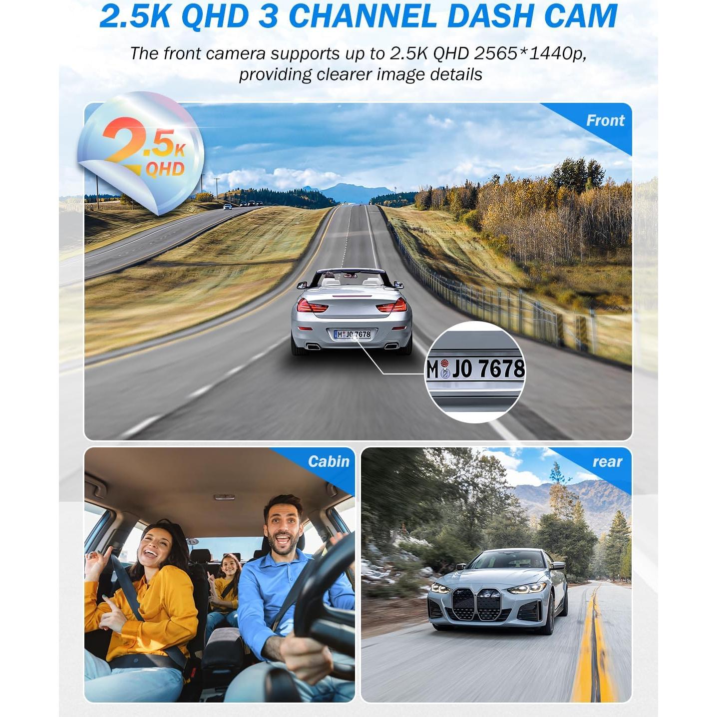 Cámara de tablero triple BAEASU J07 2.5K 170° con 32GB