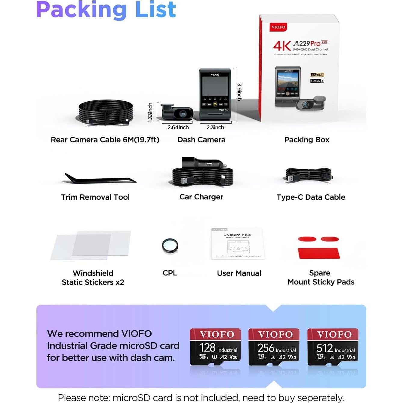 Cámara Dash VIOFO A229 Pro 4K HDR Doble Frontal y Trasera