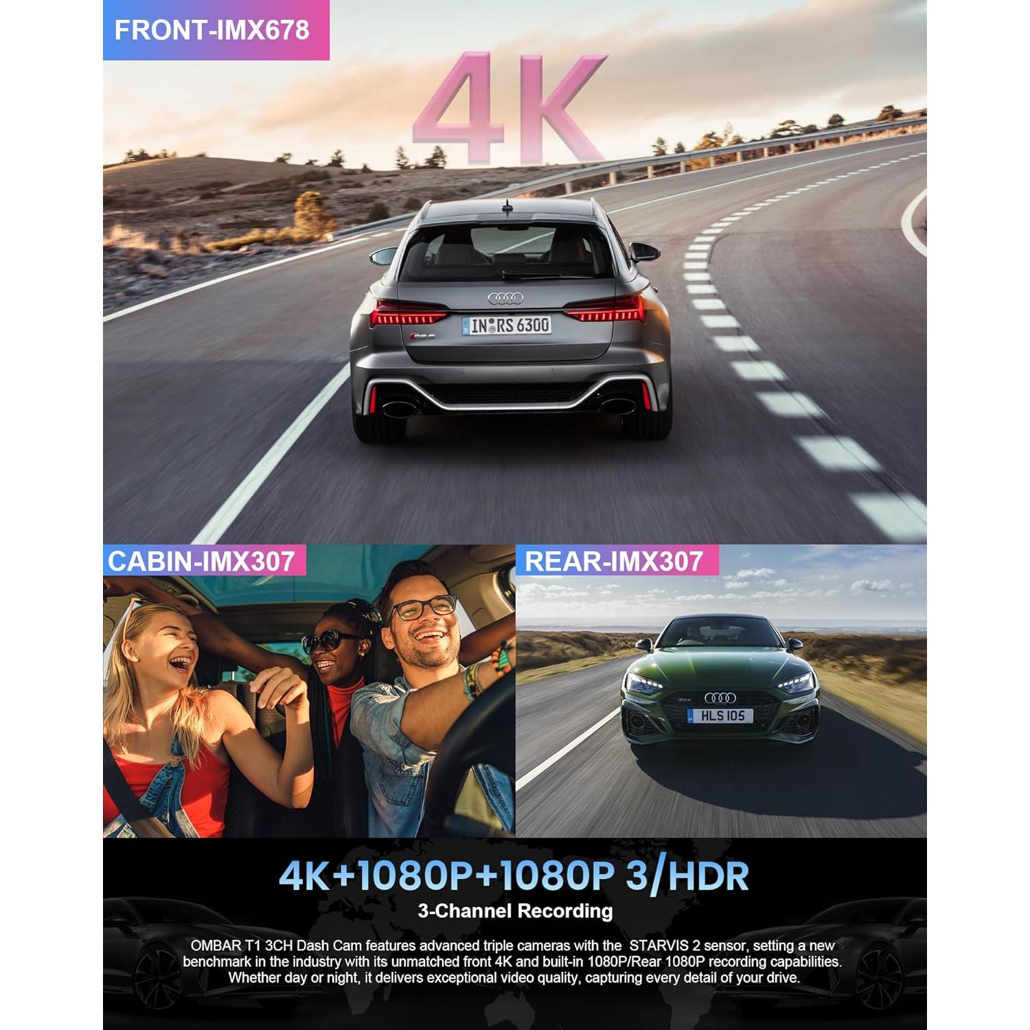 Cámara de tablero OMBAR T1 4K 3 canales con visión nocturna