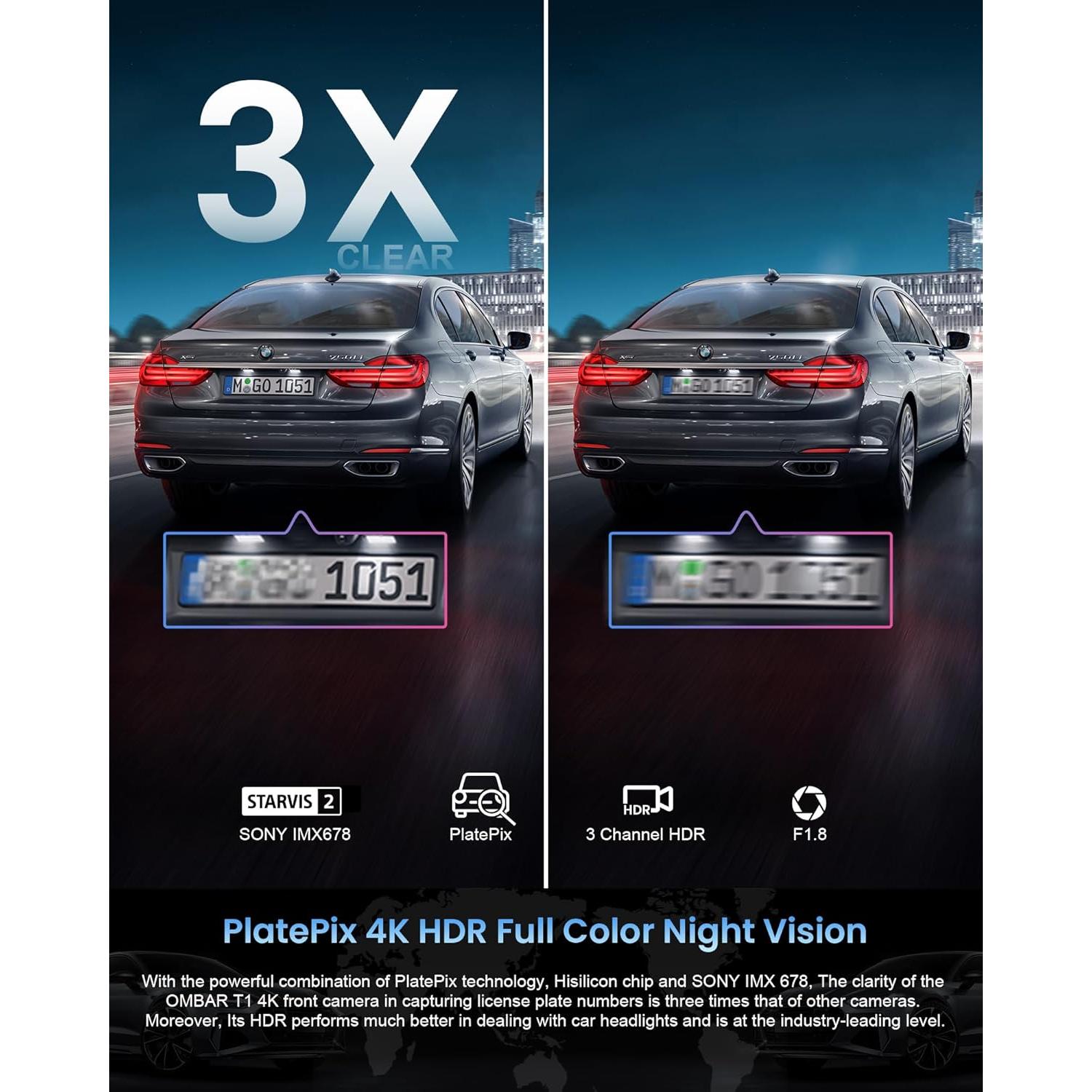 Cámara de tablero OMBAR T1 4K 3 canales con visión nocturna