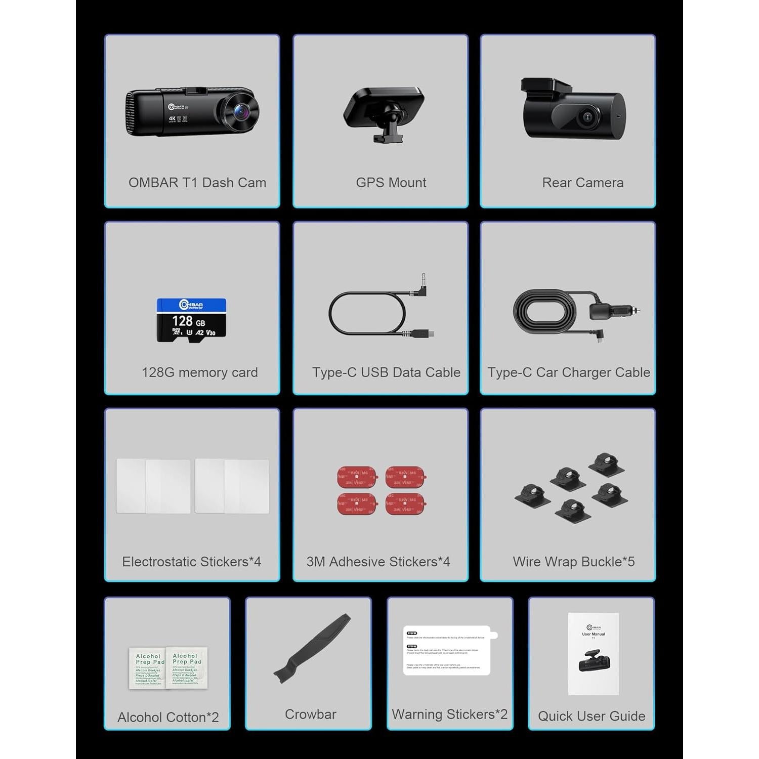 Cámara de tablero OMBAR T1 4K 3 canales con visión nocturna