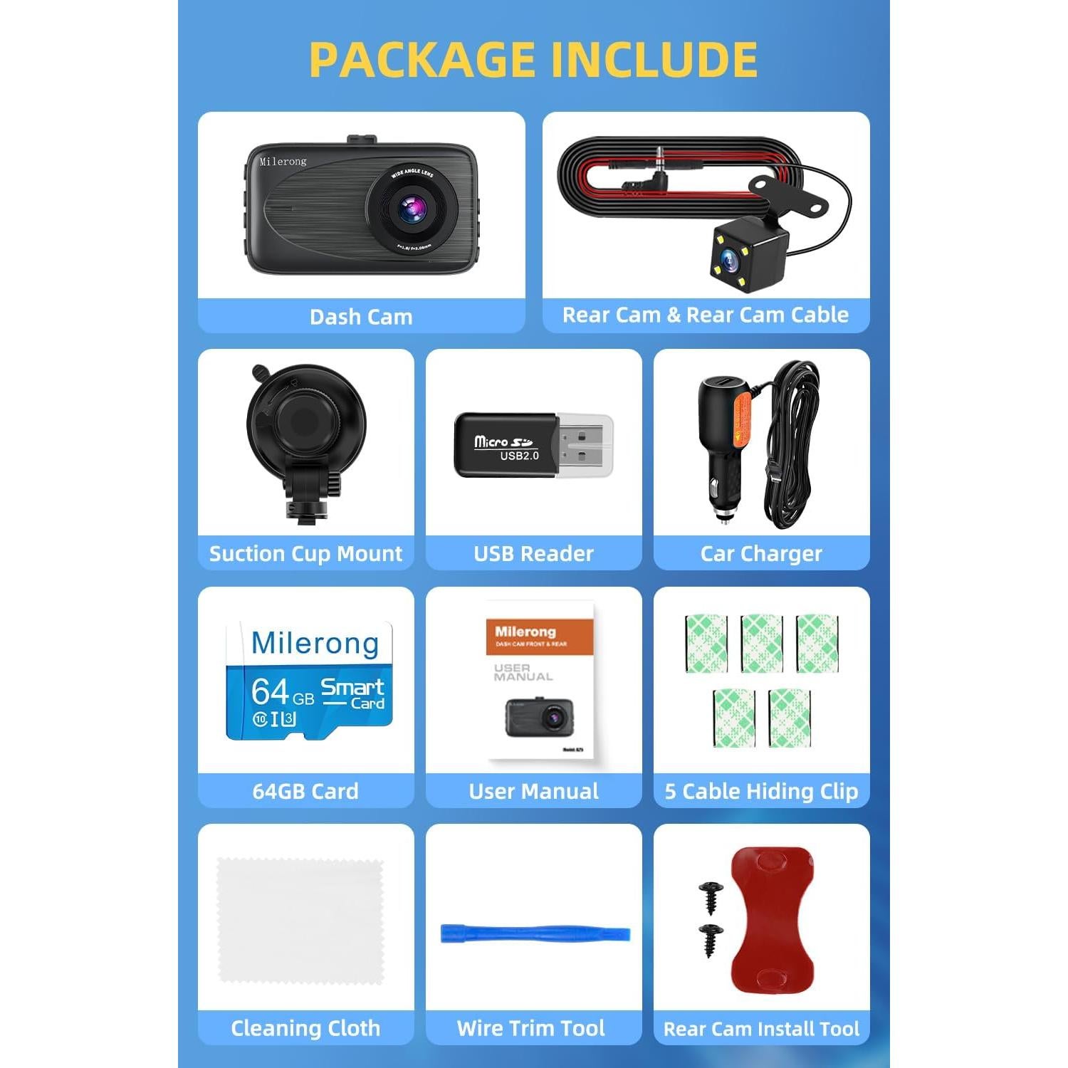 Cámara Dash Milerong A25 Delantera y Trasera 1080P FHD