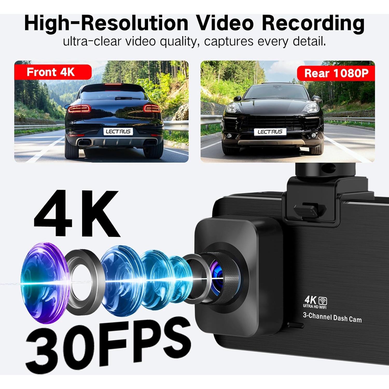 Cámara Dash 4K LECTRUS K02 Pro 3 Canales con WiFi 5G