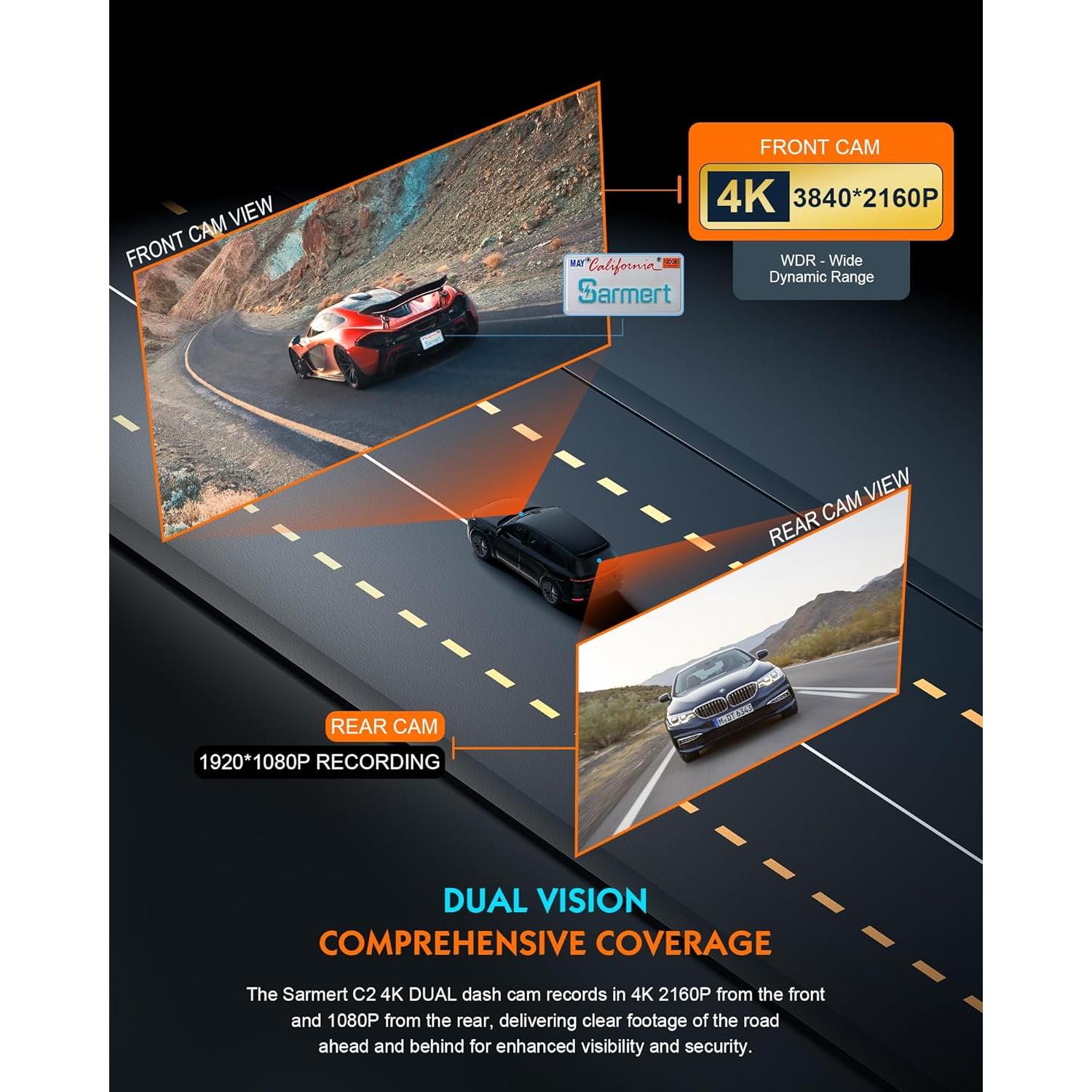 Cámara Dash Sarmert C2 4K Doble Lente GPS WiFi 5G 64GB