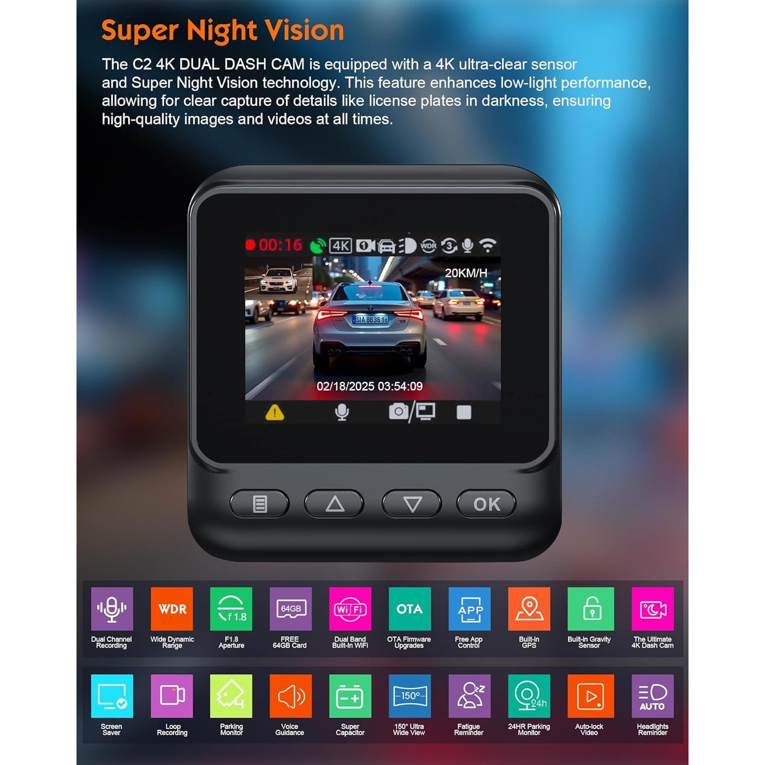 Cámara Dash Sarmert C2 4K Doble Lente GPS WiFi 5G 64GB