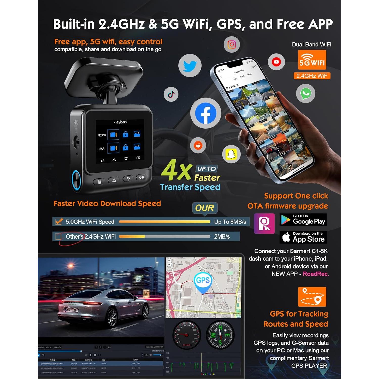 Cámara Dash Sarmert C2 4K Doble Lente GPS WiFi 5G 64GB