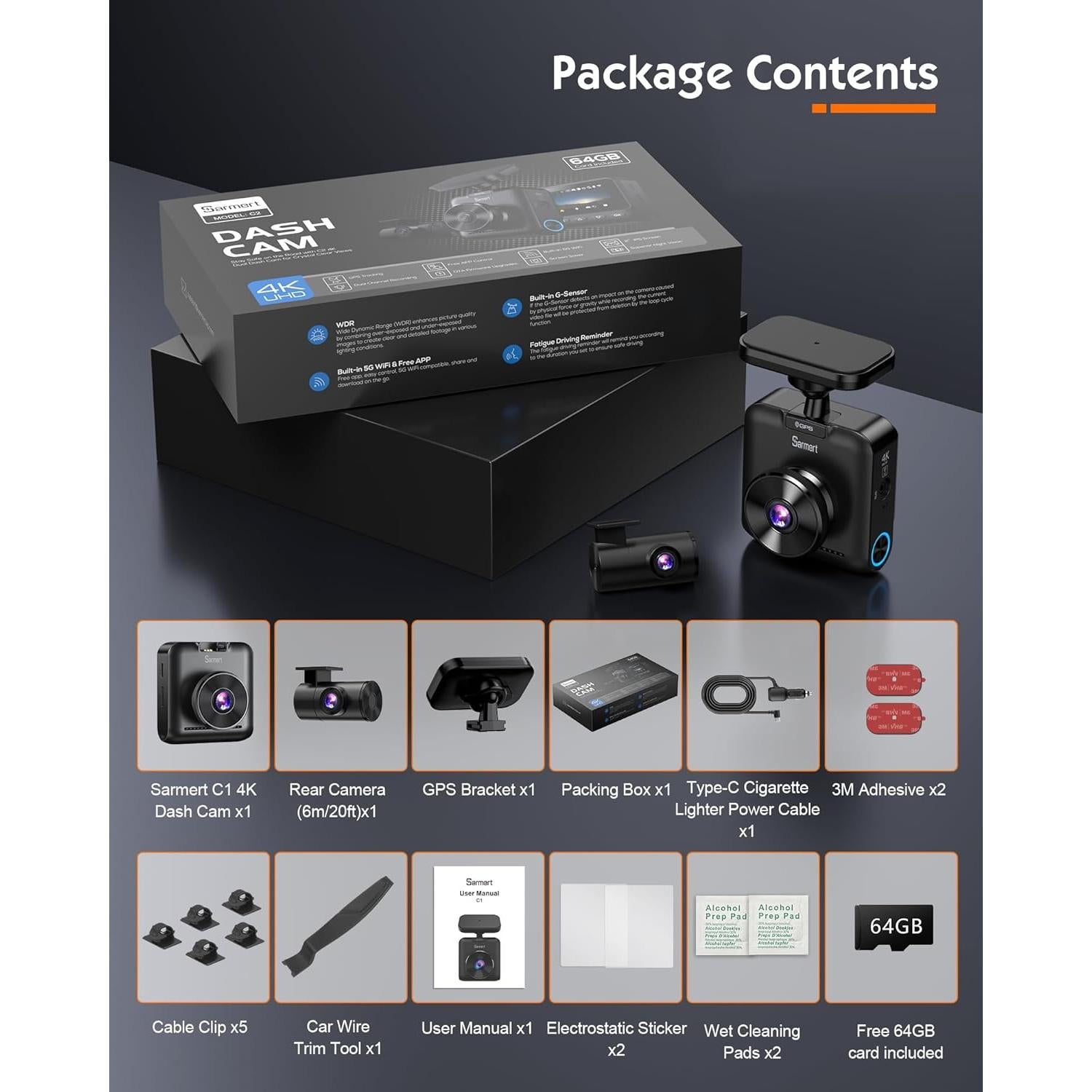 Cámara Dash Sarmert C2 4K Doble Lente GPS WiFi 5G 64GB