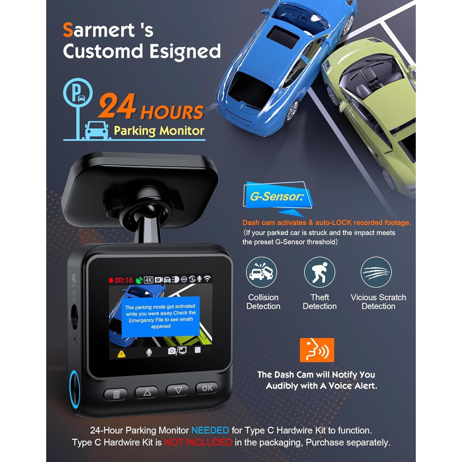 Cámara Dash Sarmert C2 4K Doble Lente GPS WiFi 5G 64GB