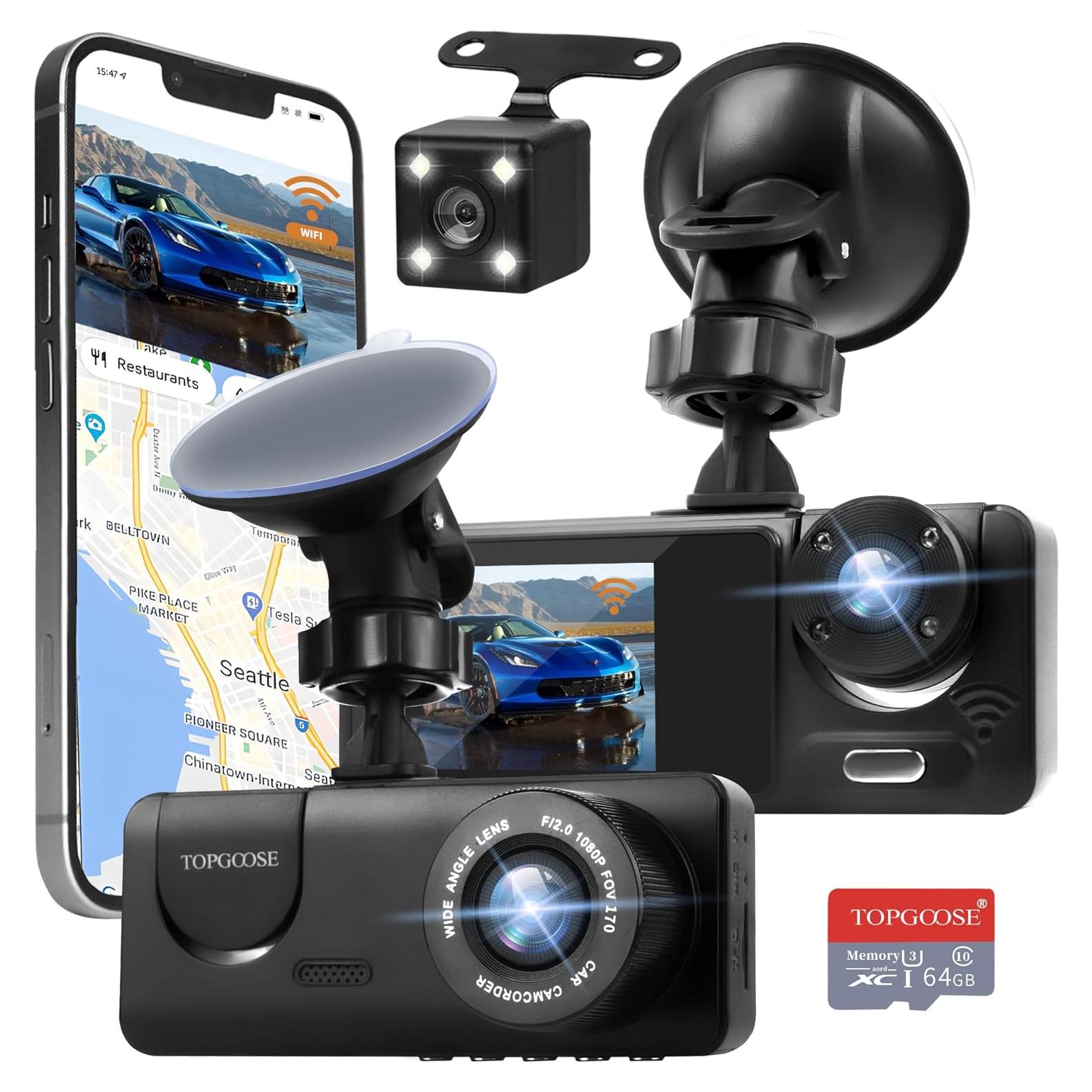 3 Channel Dash Cam WiFi FHD 2K Car Camera 64GB TF Card,TOPGOOSE Front Dash Camera Front and Rear Inside for Cars,Mini Dashcams with Night Vision,Loop Recording,WDR,G-Sensor,APP