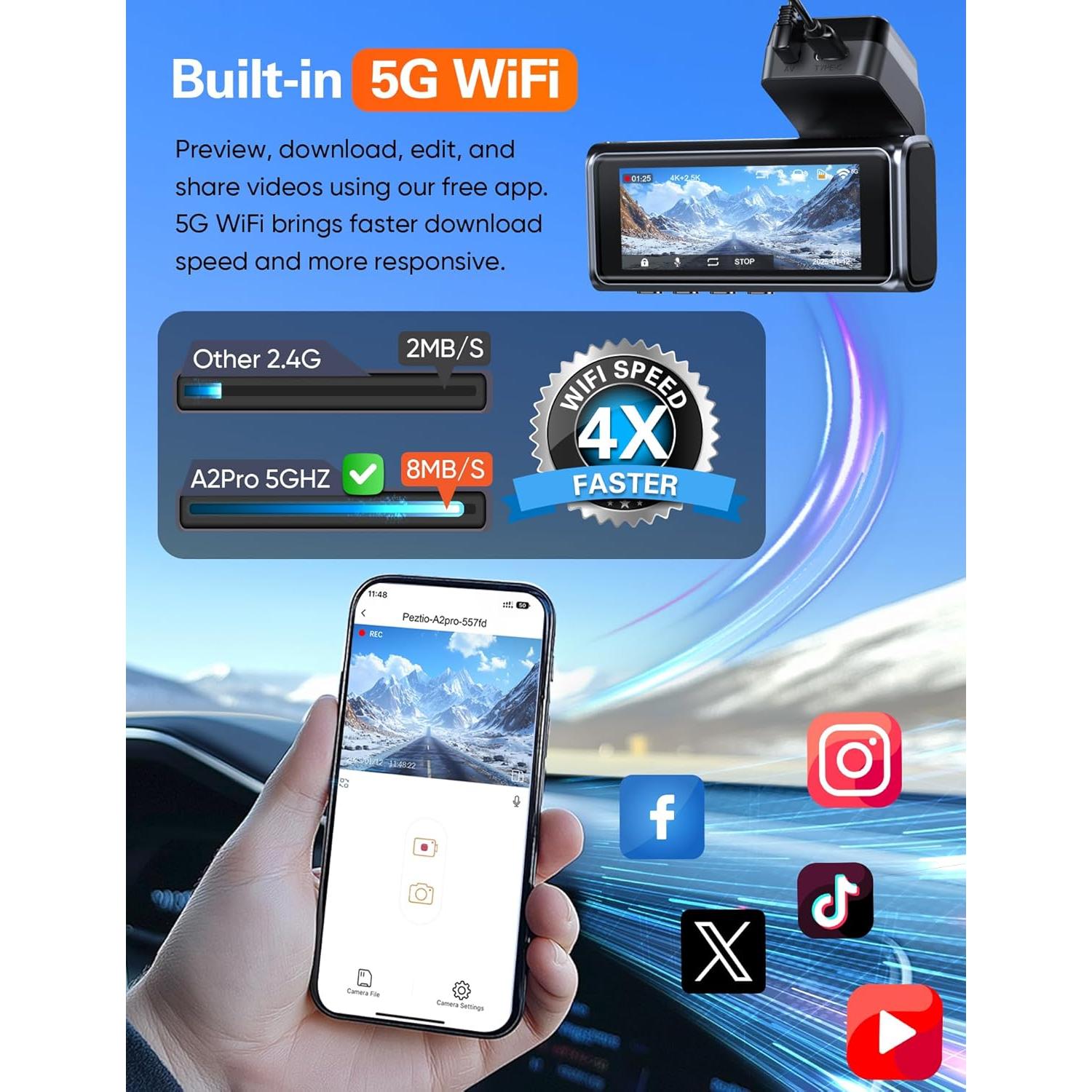 Cámara Dash 4K Delantera y Trasera Navycrest A2Pro WiFi 5G