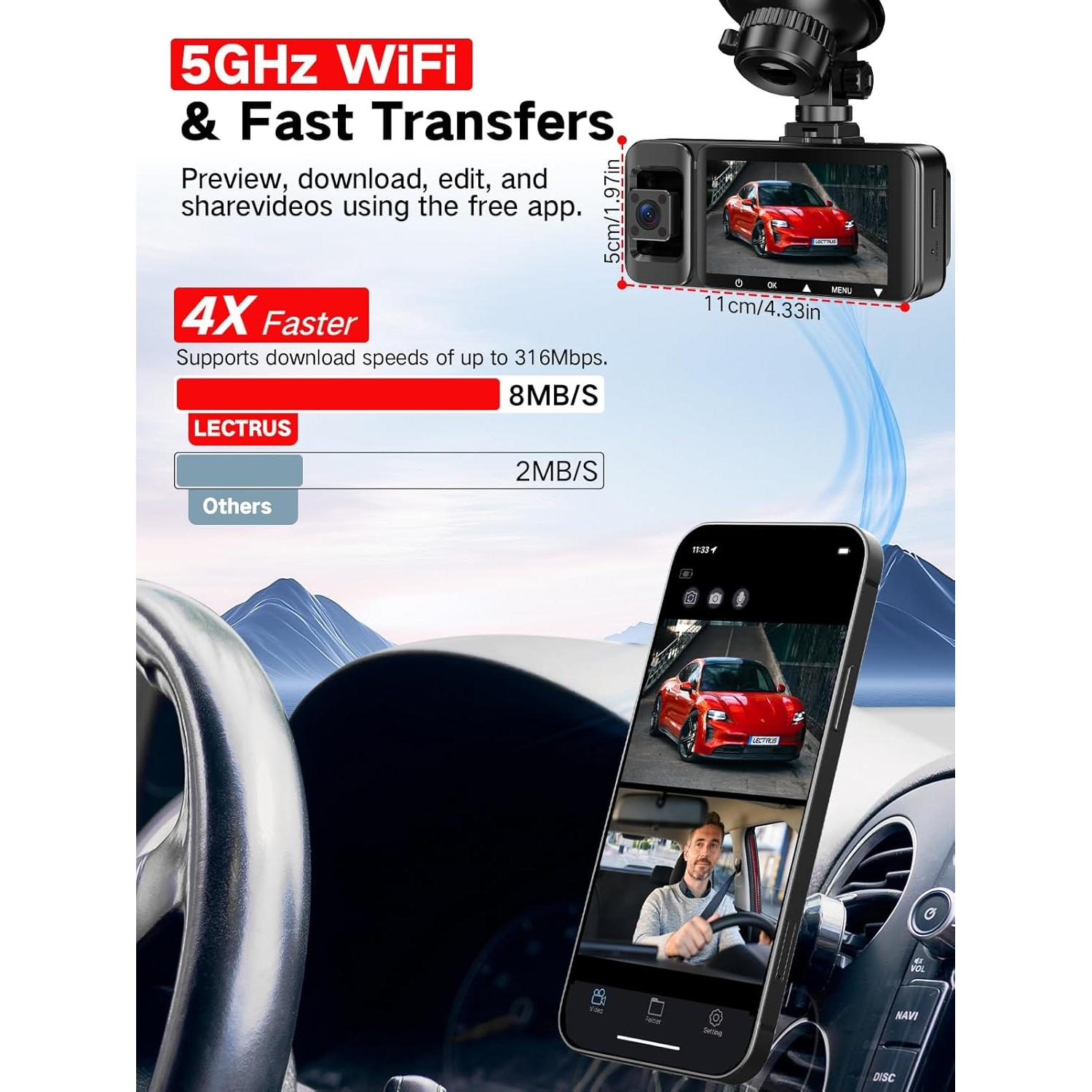 Cámara Dash 4K LECTRUS K02 Pro 3 Canales con WiFi y 64GB