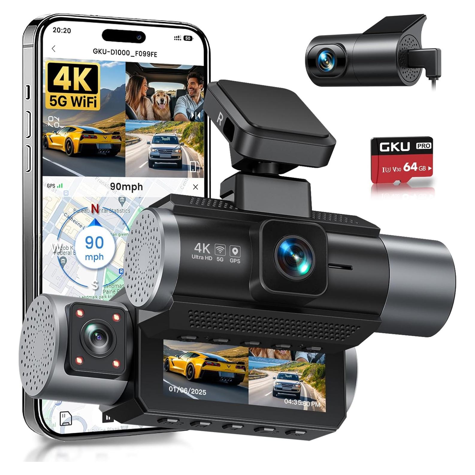 Cámara Dash GKU D1000 4K+1080P Triple con GPS y WiFi