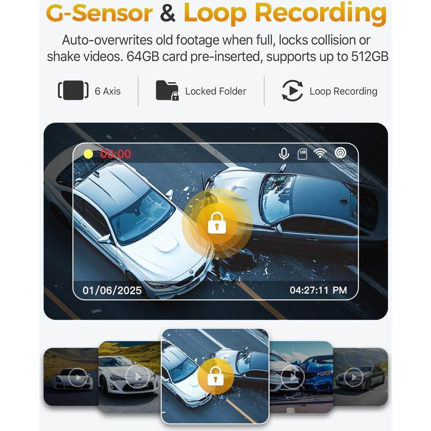 Cámara Dash GKU D1000 4K+1080P Triple con GPS y WiFi