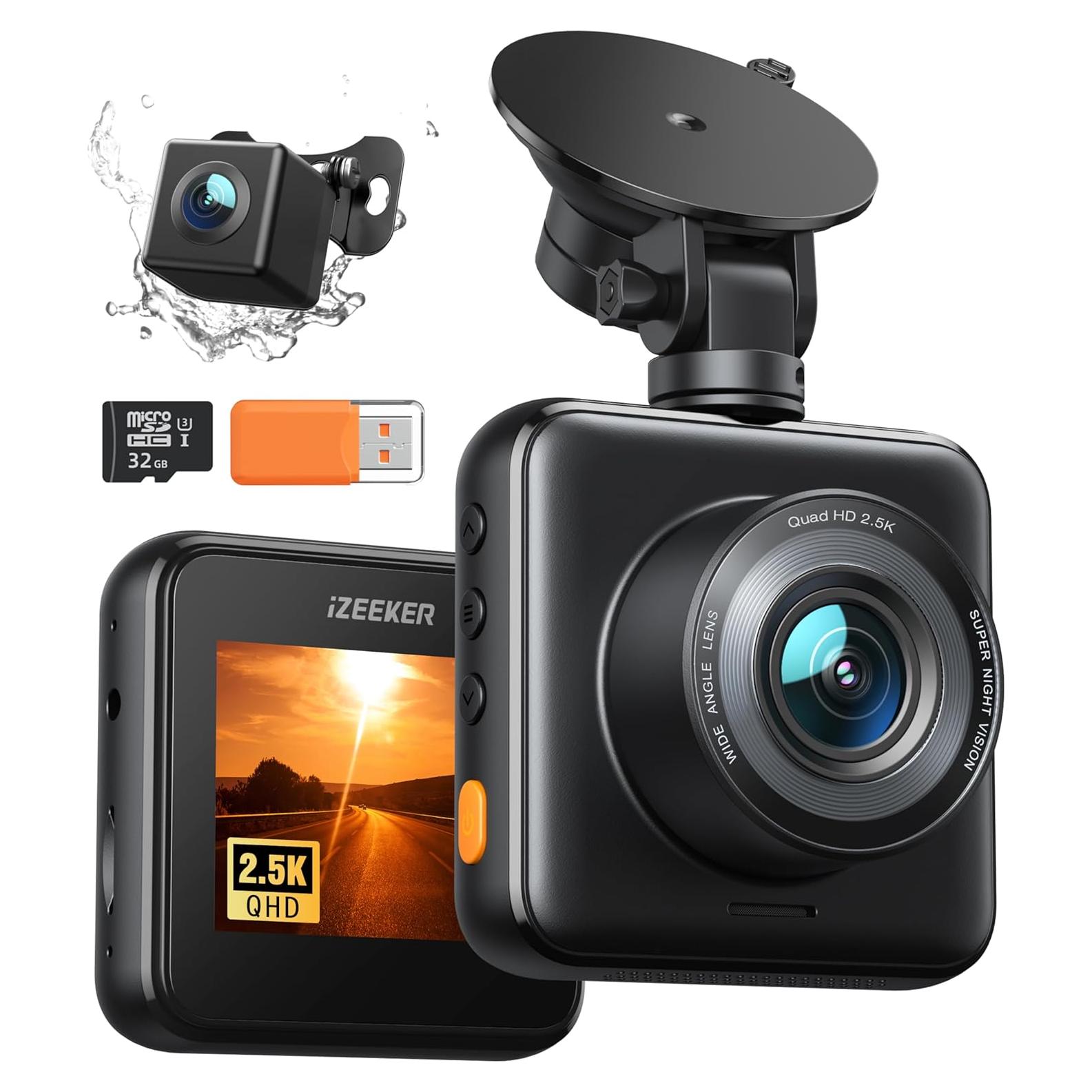 iZEEKER 2.5K Dash Cam Front and Rear with SD Card, 1440P Car Camera Dashboard, Dual Dashcam for Cars 170° Wide Angle, G-Sensor, Night Vision, 24H Parking Monitor Support, WDR