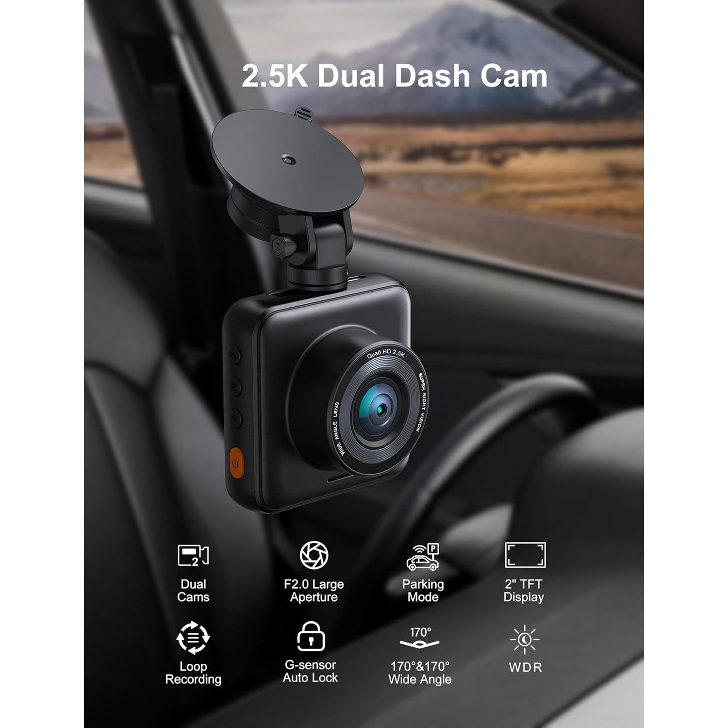 iZEEKER 2.5K Dash Cam Front and Rear with SD Card, 1440P Car Camera Dashboard, Dual Dashcam for Cars 170° Wide Angle, G-Sensor, Night Vision, 24H Parking Monitor Support, WDR