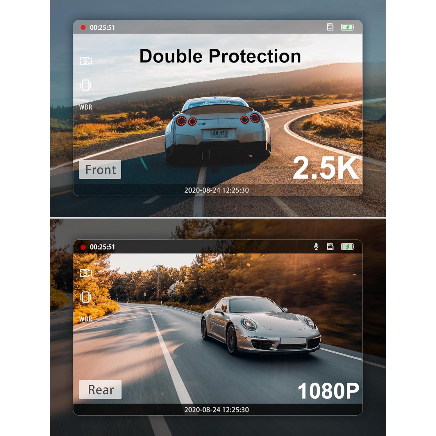 iZEEKER 2.5K Dash Cam Front and Rear with SD Card, 1440P Car Camera Dashboard, Dual Dashcam for Cars 170° Wide Angle, G-Sensor, Night Vision, 24H Parking Monitor Support, WDR
