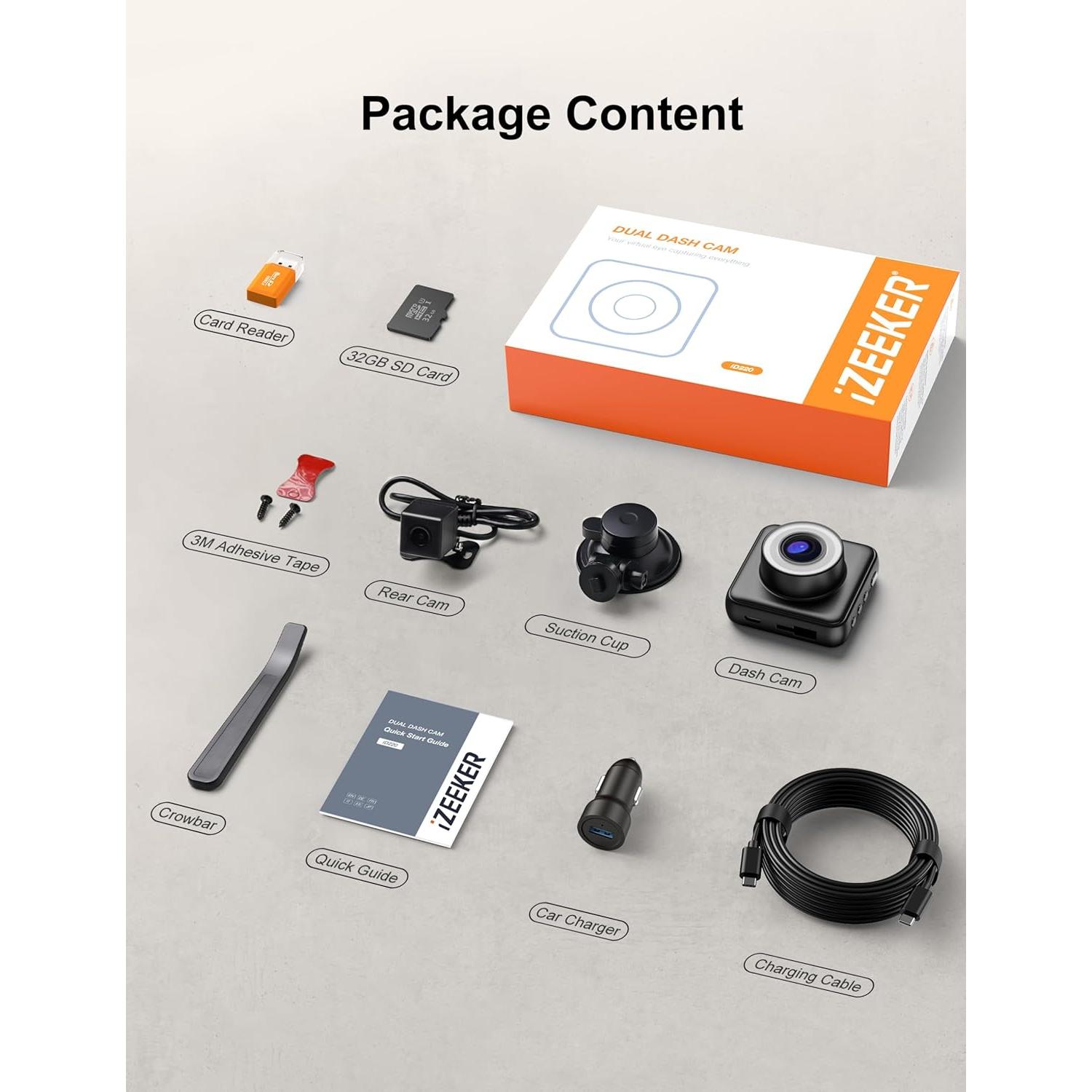 iZEEKER 2.5K Dash Cam Front and Rear with SD Card, 1440P Car Camera Dashboard, Dual Dashcam for Cars 170° Wide Angle, G-Sensor, Night Vision, 24H Parking Monitor Support, WDR