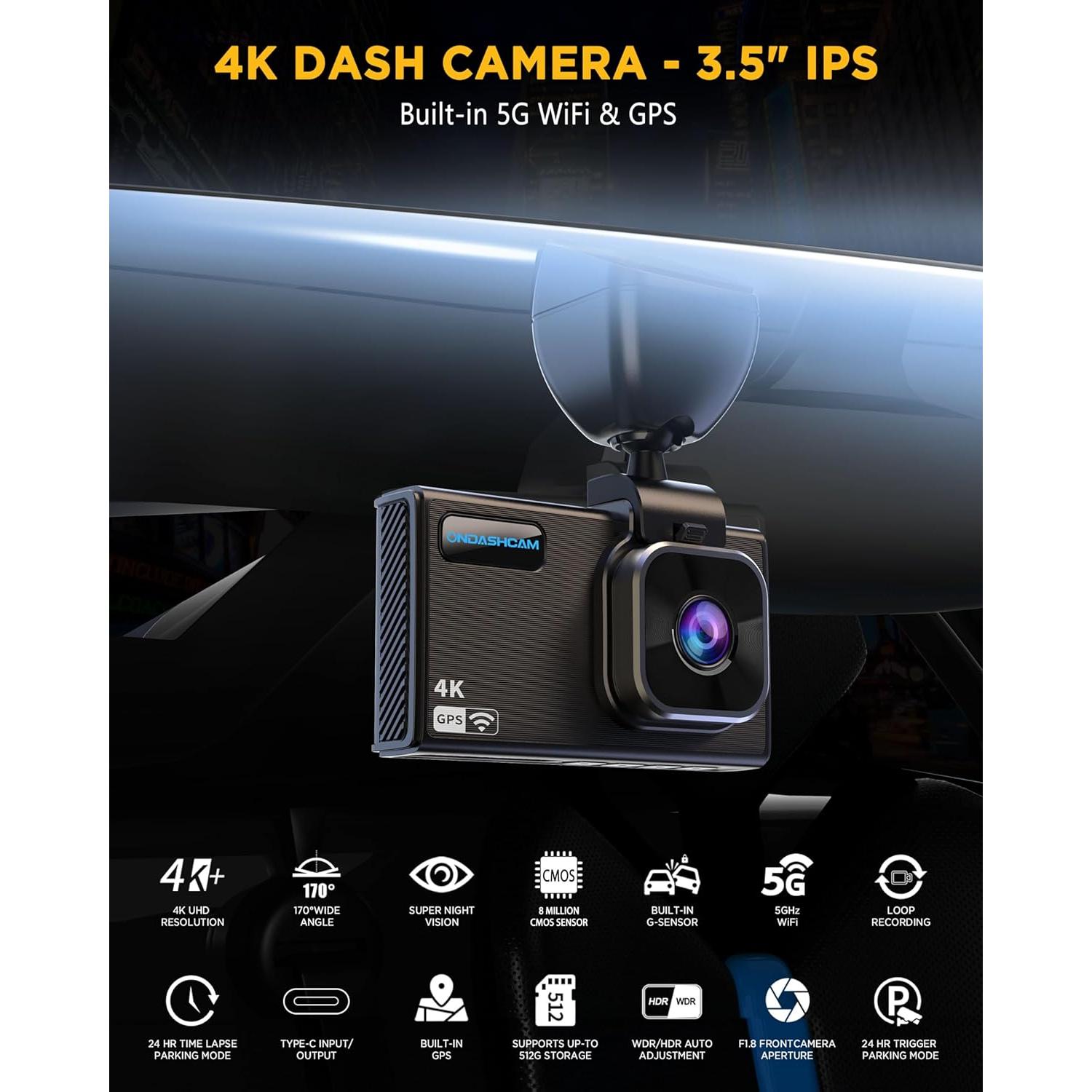 Cámara de tablero 4K ONDASHCAM con GPS y WiFi, 3.5" IPS
