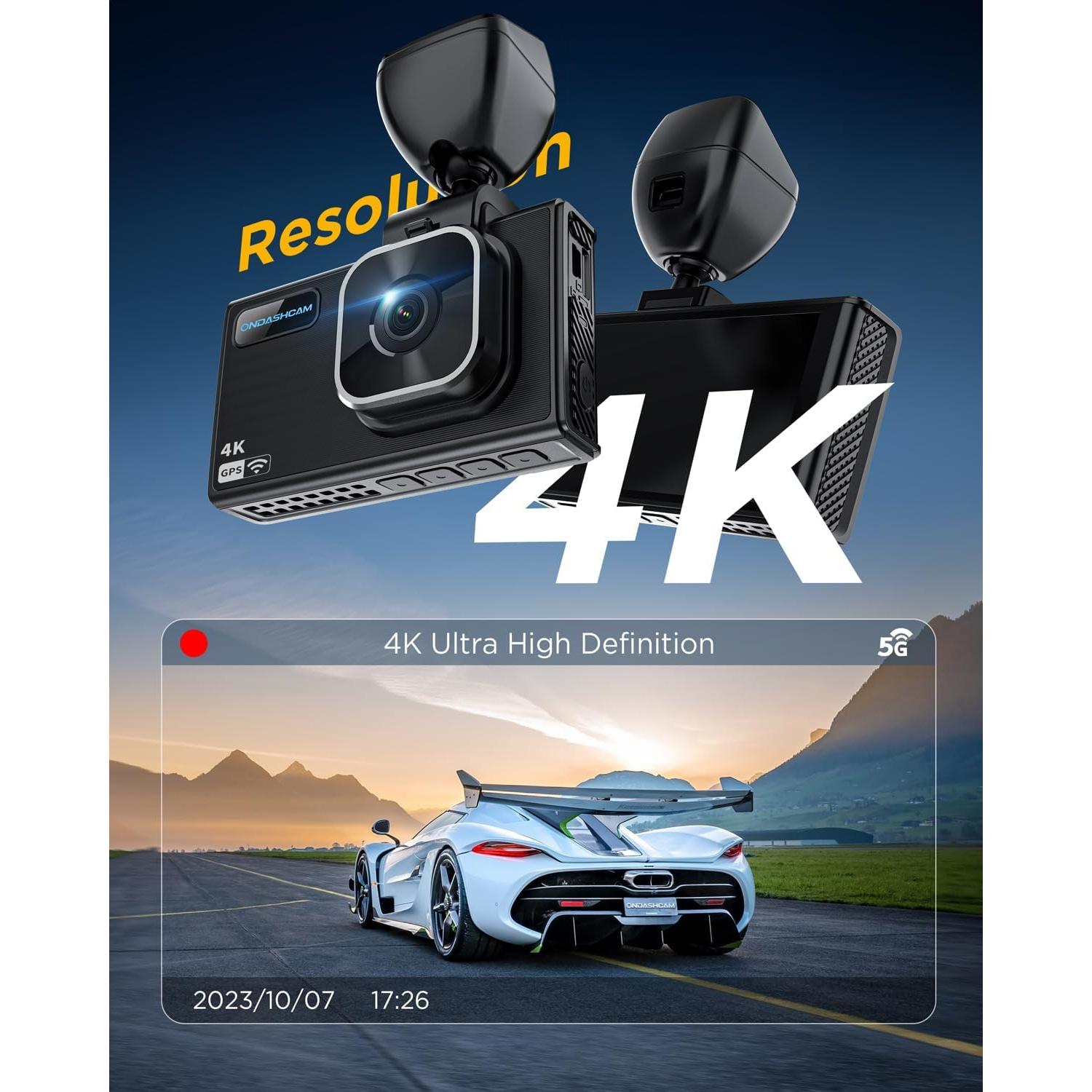 Cámara de tablero 4K ONDASHCAM con GPS y WiFi, 3.5" IPS