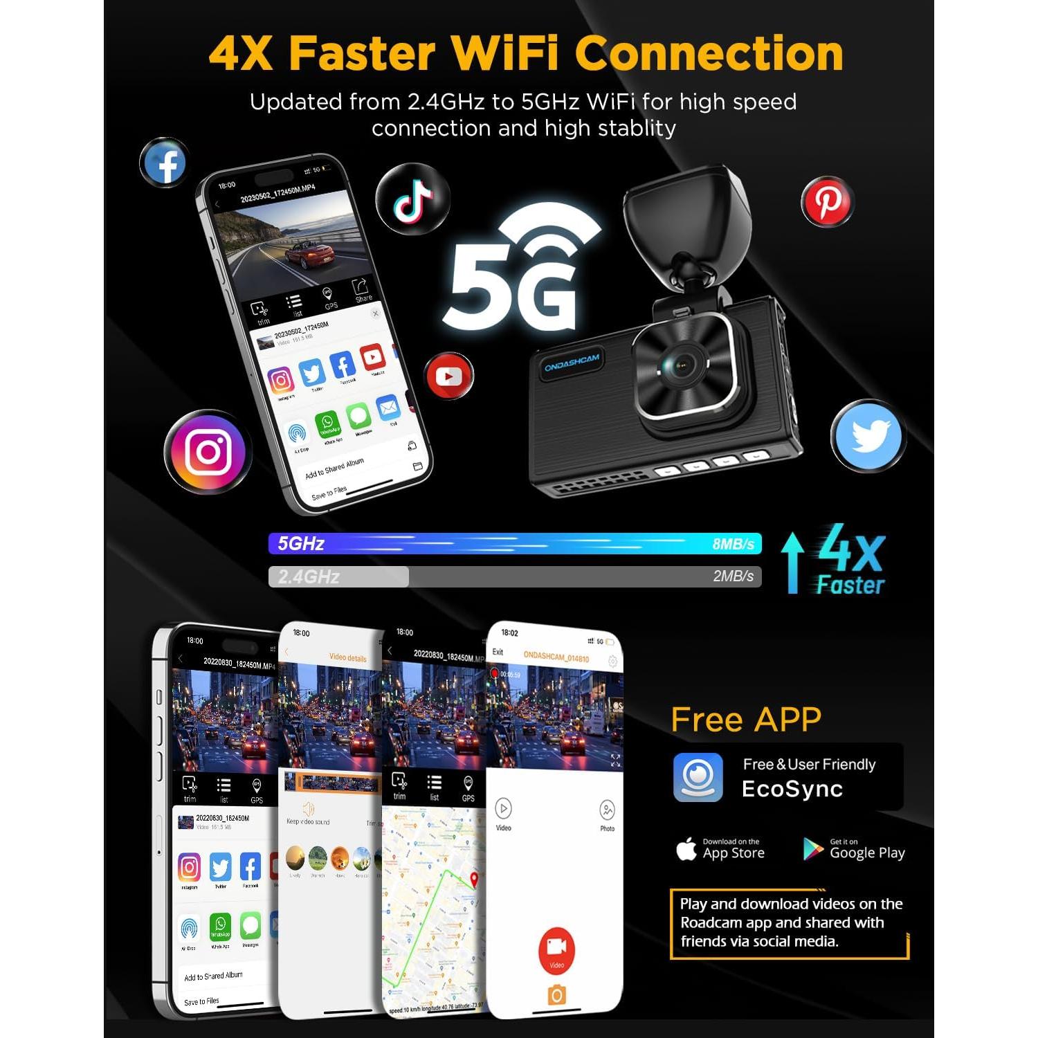 Cámara de tablero 4K ONDASHCAM con GPS y WiFi, 3.5" IPS